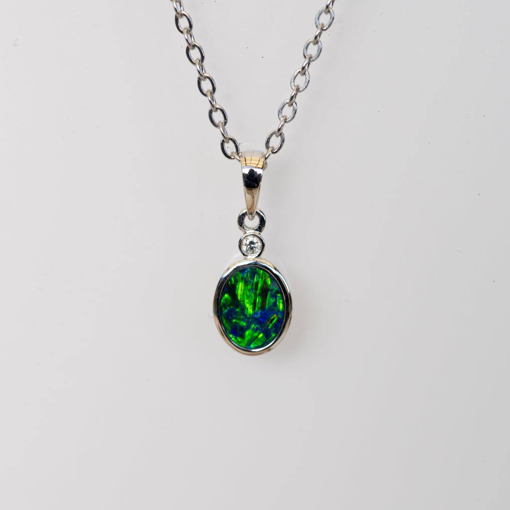 Australian Opal in 14K Solid White Gold - Multi Color Fire Opal Necklace -  Genuine Australian Doublet Opal Gem Stone Pendant