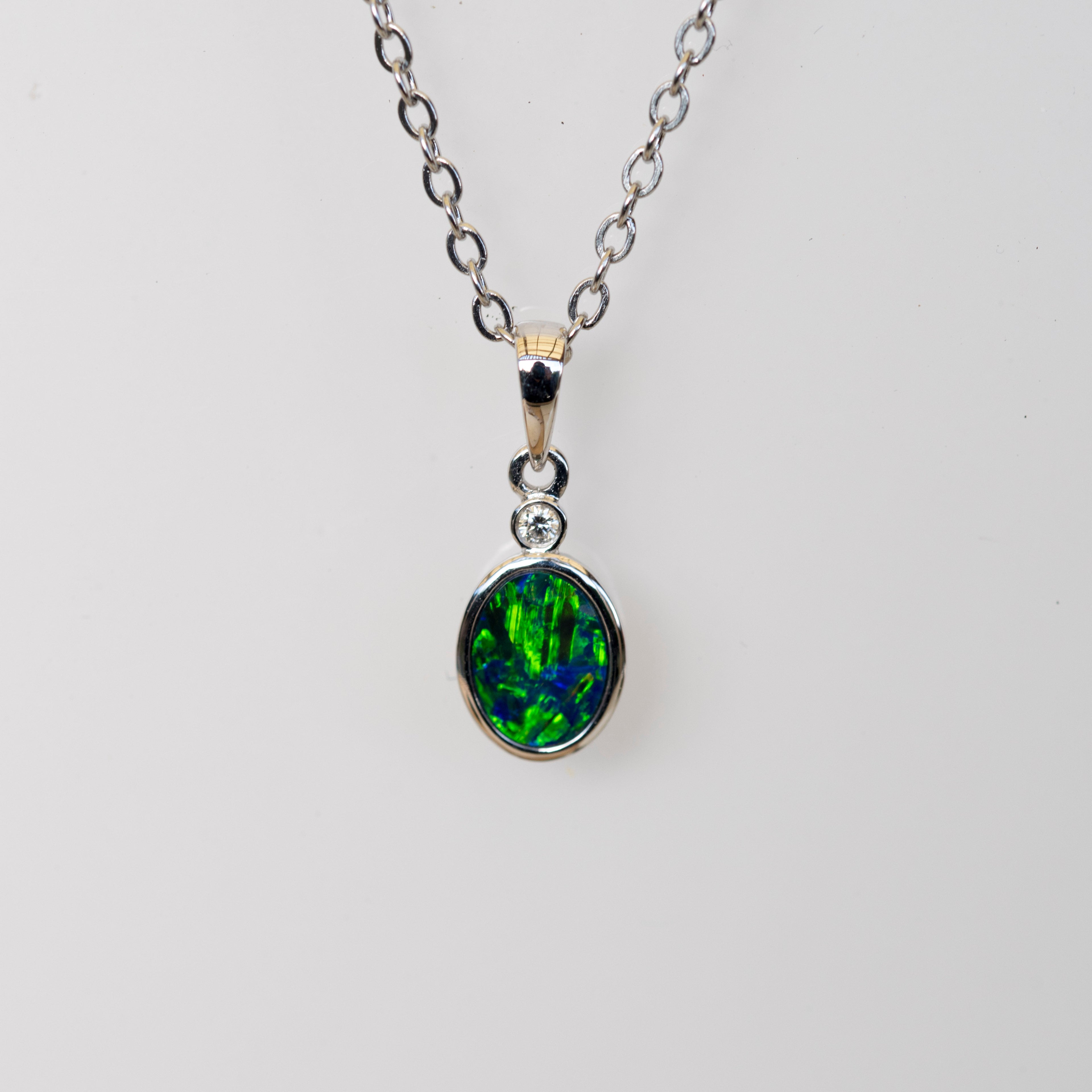 Australian Opal in 14K Solid White Gold - Multi Color Fire Opal Necklace -  Genuine Australian Doublet Opal Gem Stone Pendant