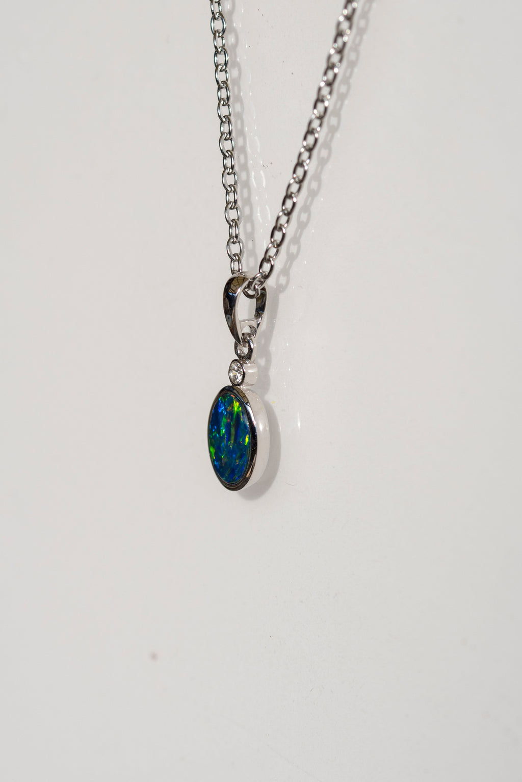 Australian Opal in 14K Solid White Gold - Multi Color Fire Opal Necklace -  Genuine Australian Doublet Opal Gem Stone Pendant