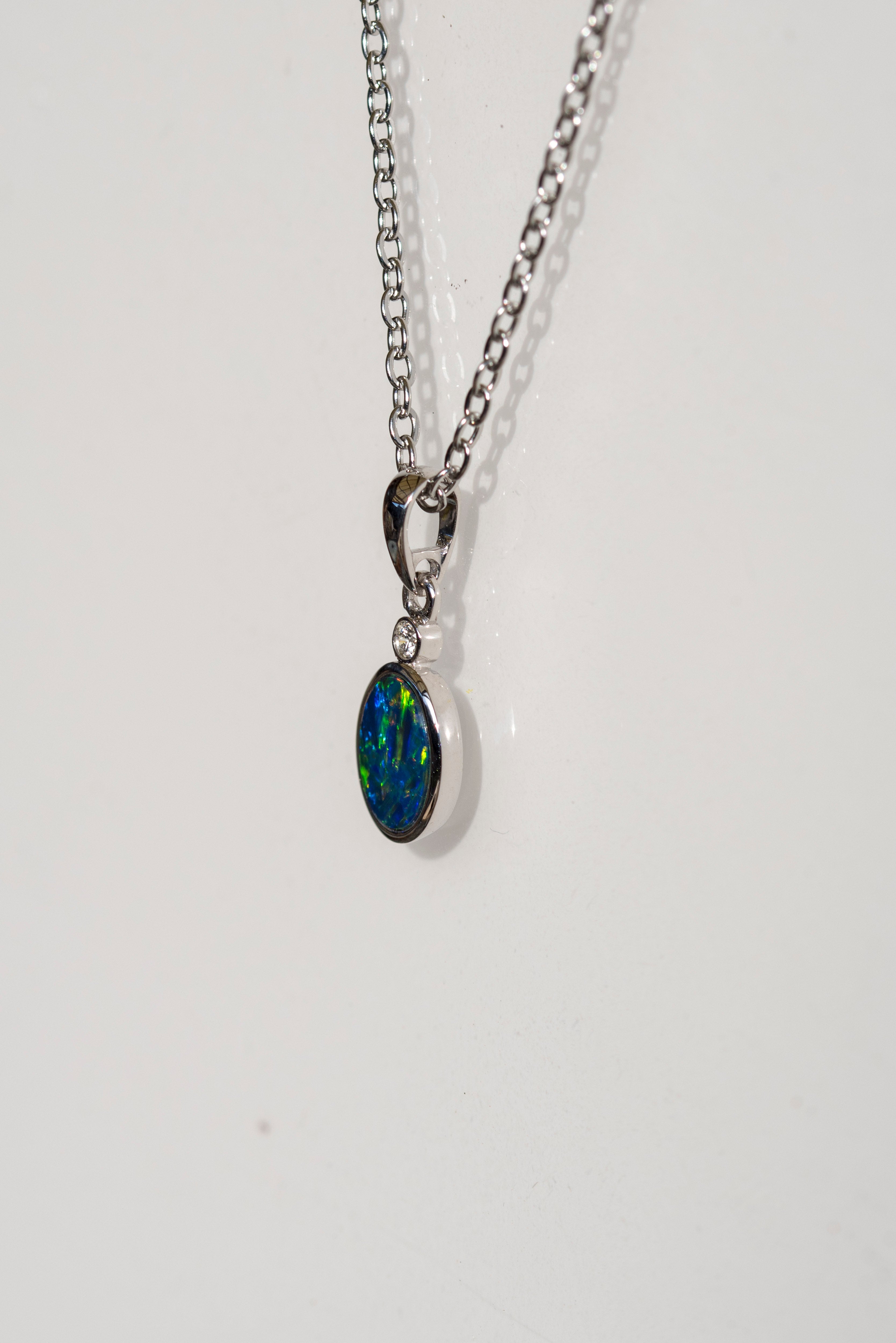 Australian Opal in 14K Solid White Gold - Multi Color Fire Opal Necklace -  Genuine Australian Doublet Opal Gem Stone Pendant