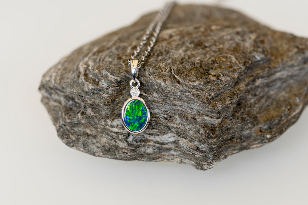 Australian Opal in 14K Solid White Gold - Multi Color Fire Opal Necklace -  Genuine Australian Doublet Opal Gem Stone Pendant