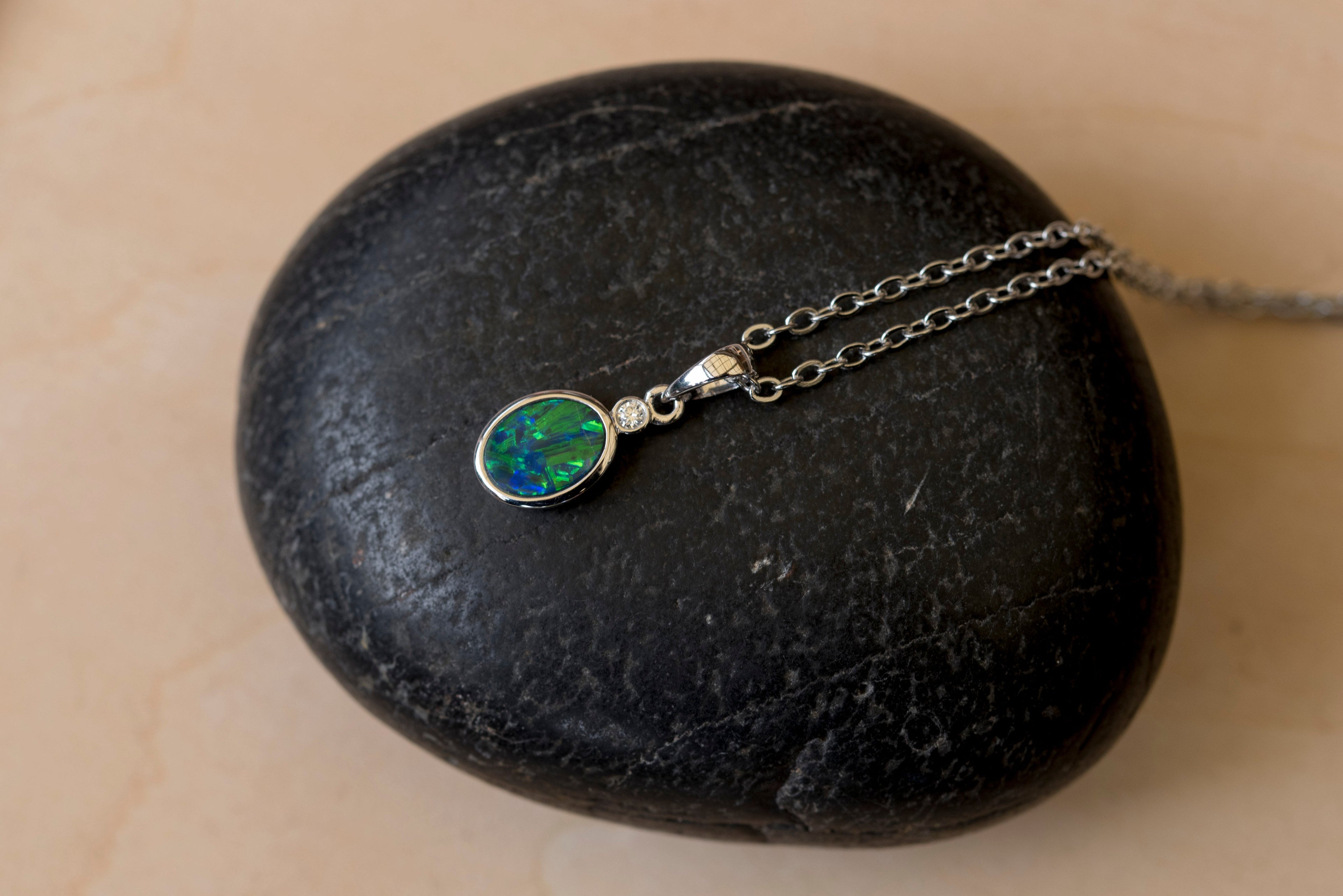 Australian Opal in 14K Solid White Gold - Multi Color Fire Opal Necklace -  Genuine Australian Doublet Opal Gem Stone Pendant