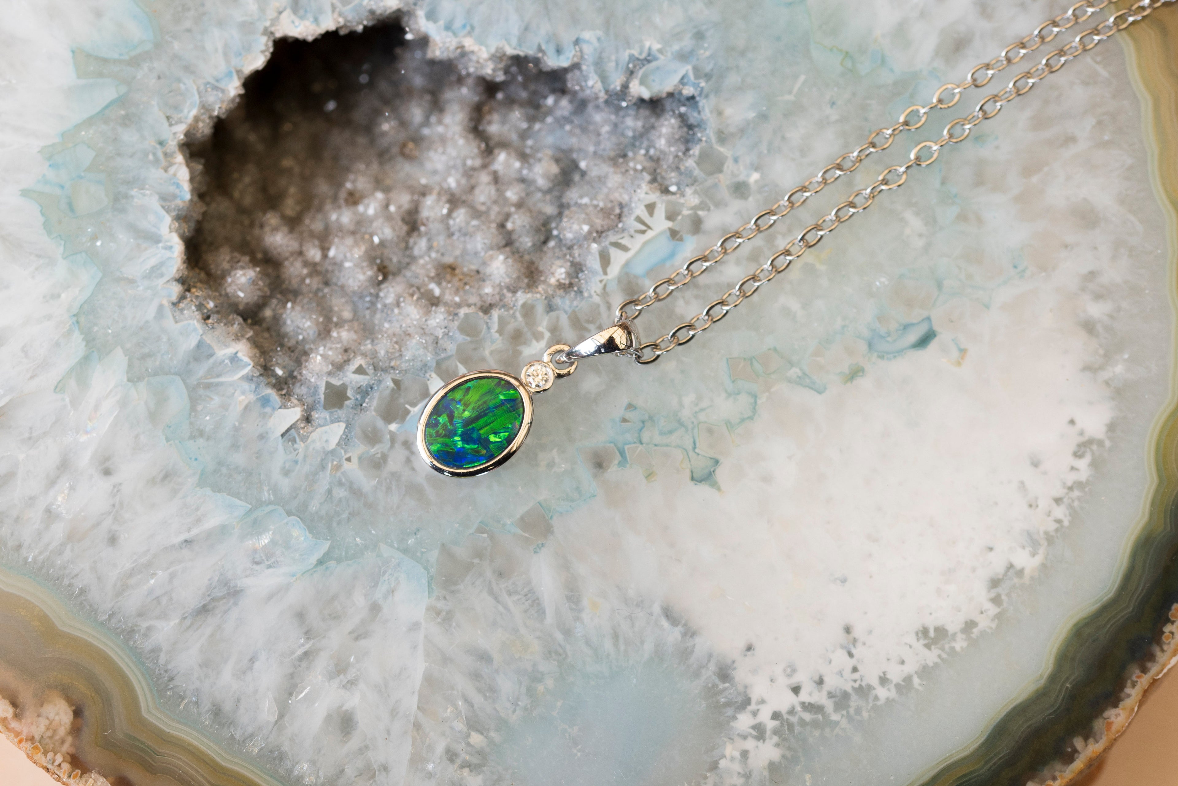 Australian Opal in 14K Solid White Gold - Multi Color Fire Opal Necklace -  Genuine Australian Doublet Opal Gem Stone Pendant