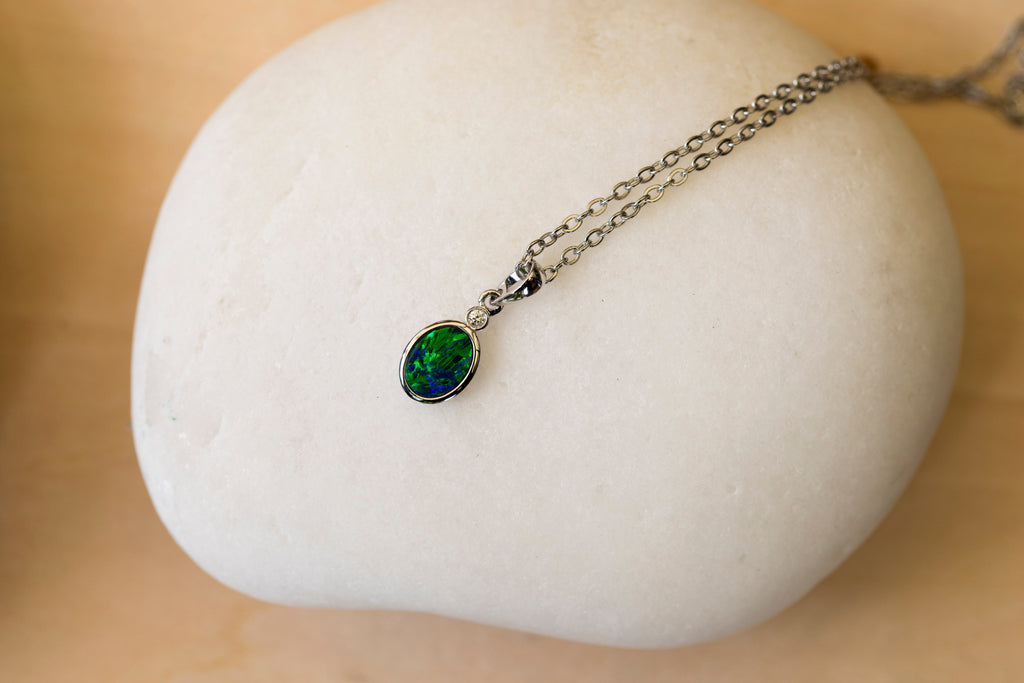 Australian Opal in 14K Solid White Gold - Multi Color Fire Opal Necklace -  Genuine Australian Doublet Opal Gem Stone Pendant