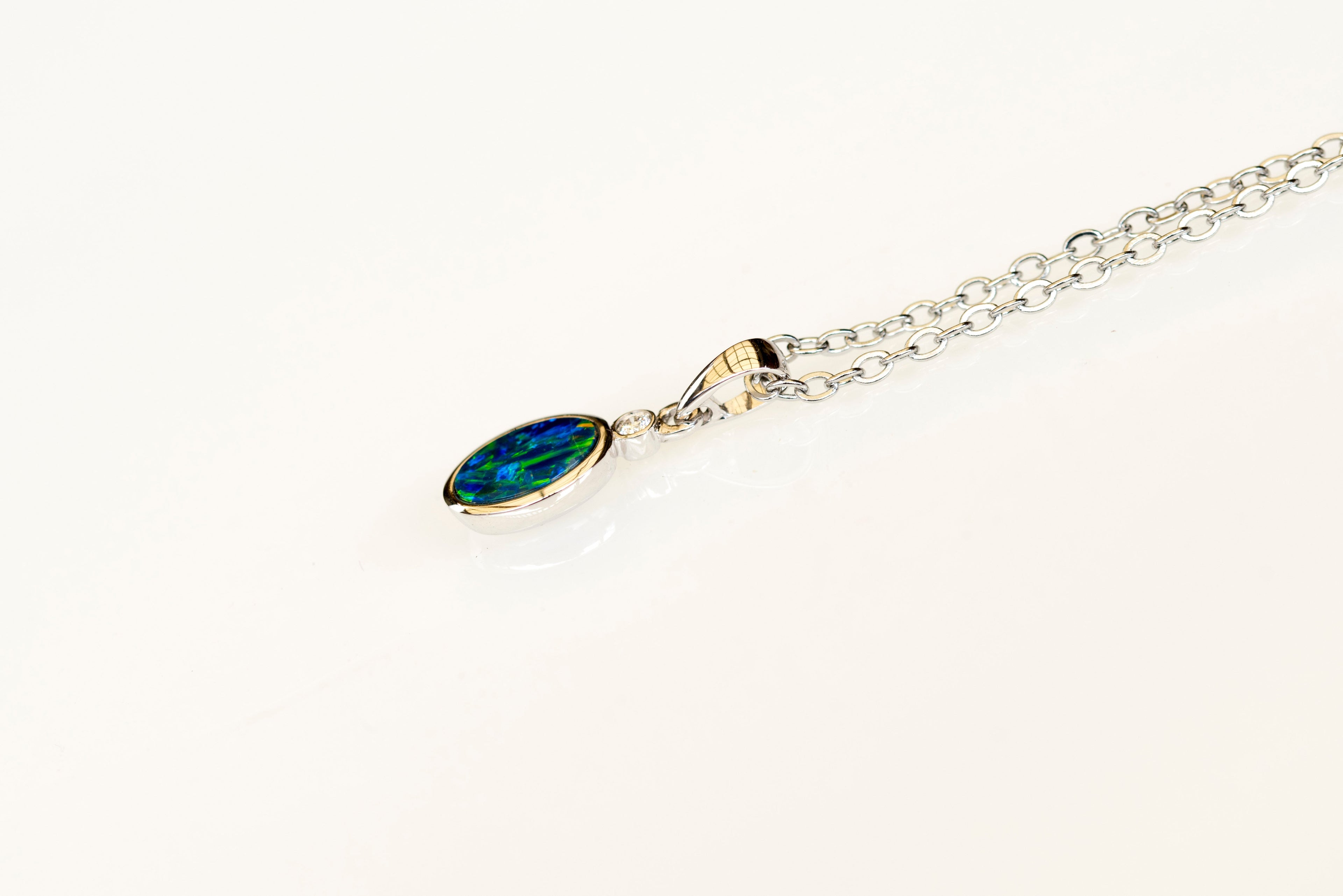 Vibrant Australian Opal in 14K Solid White Gold - Multi Color Fire Opal Necklace - Genuine Australian Doublet Opal Gem Stone Pendant