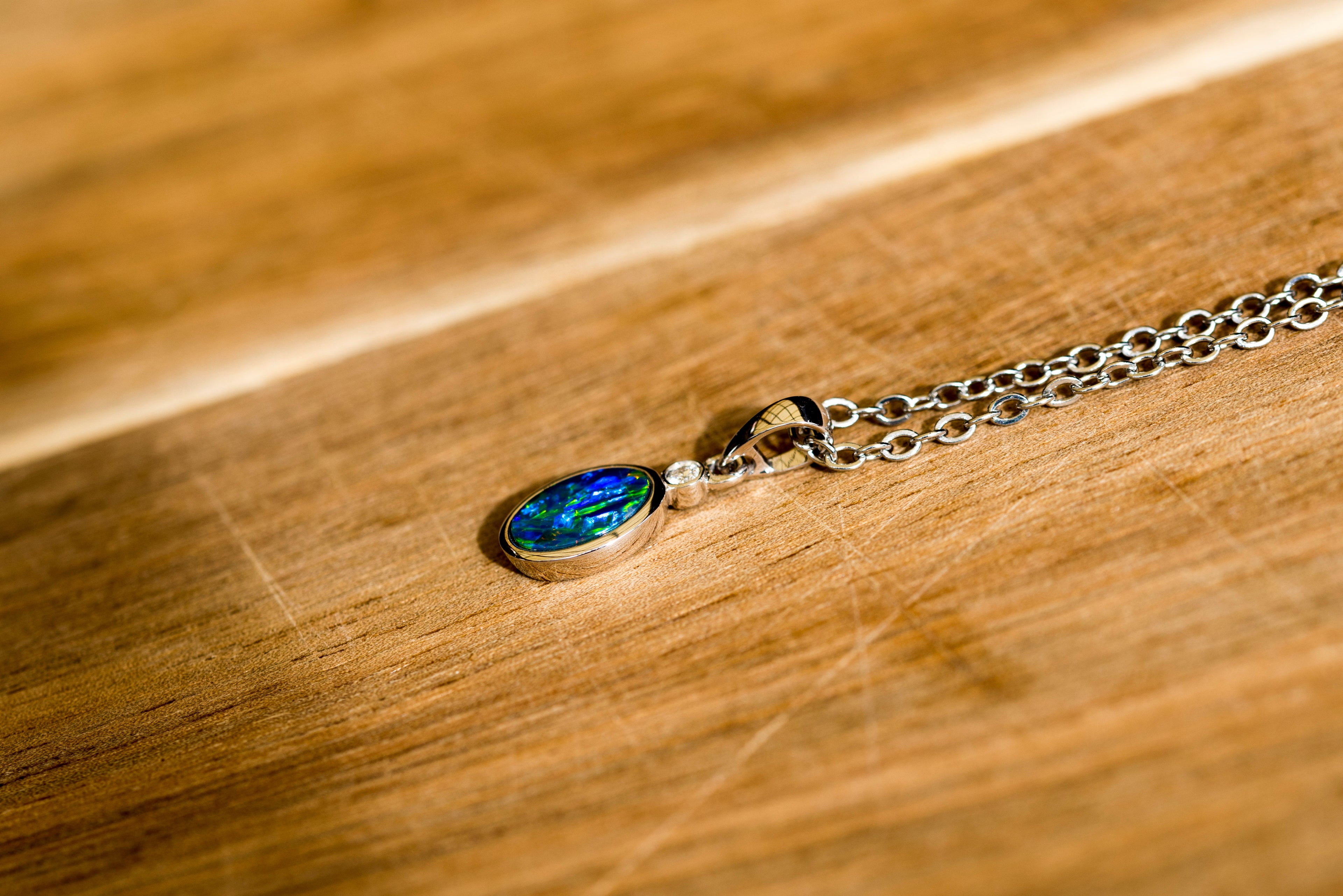 Vibrant Australian Opal in 14K Solid White Gold - Multi Color Fire Opal Necklace - Genuine Australian Doublet Opal Gem Stone Pendant