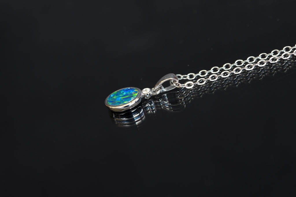 Vibrant Australian Opal in 14K Solid White Gold - Multi Color Fire Opal Necklace - Genuine Australian Doublet Opal Gem Stone Pendant