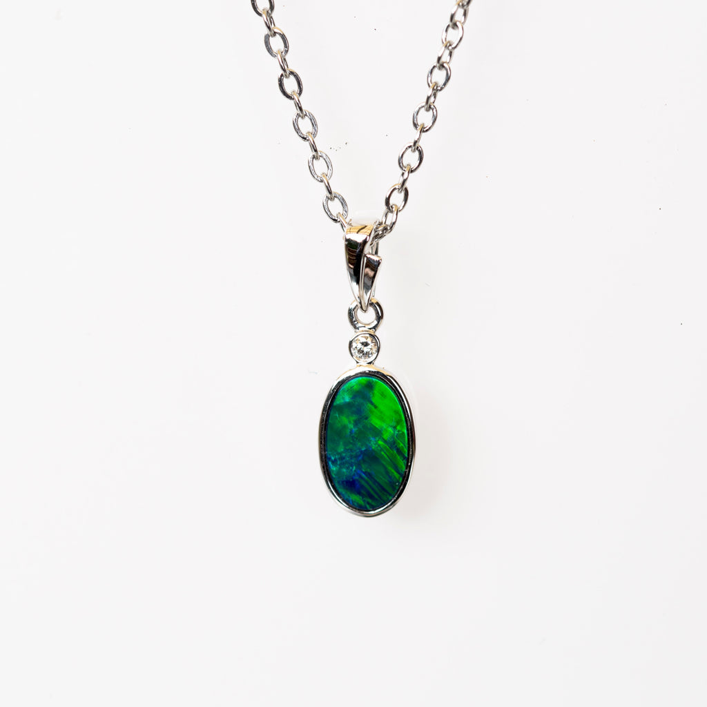 Vibrant Australian Opal in 14K Solid White Gold - Multi Color Fire Opal Necklace - Genuine Australian Doublet Opal Gem Stone Pendant