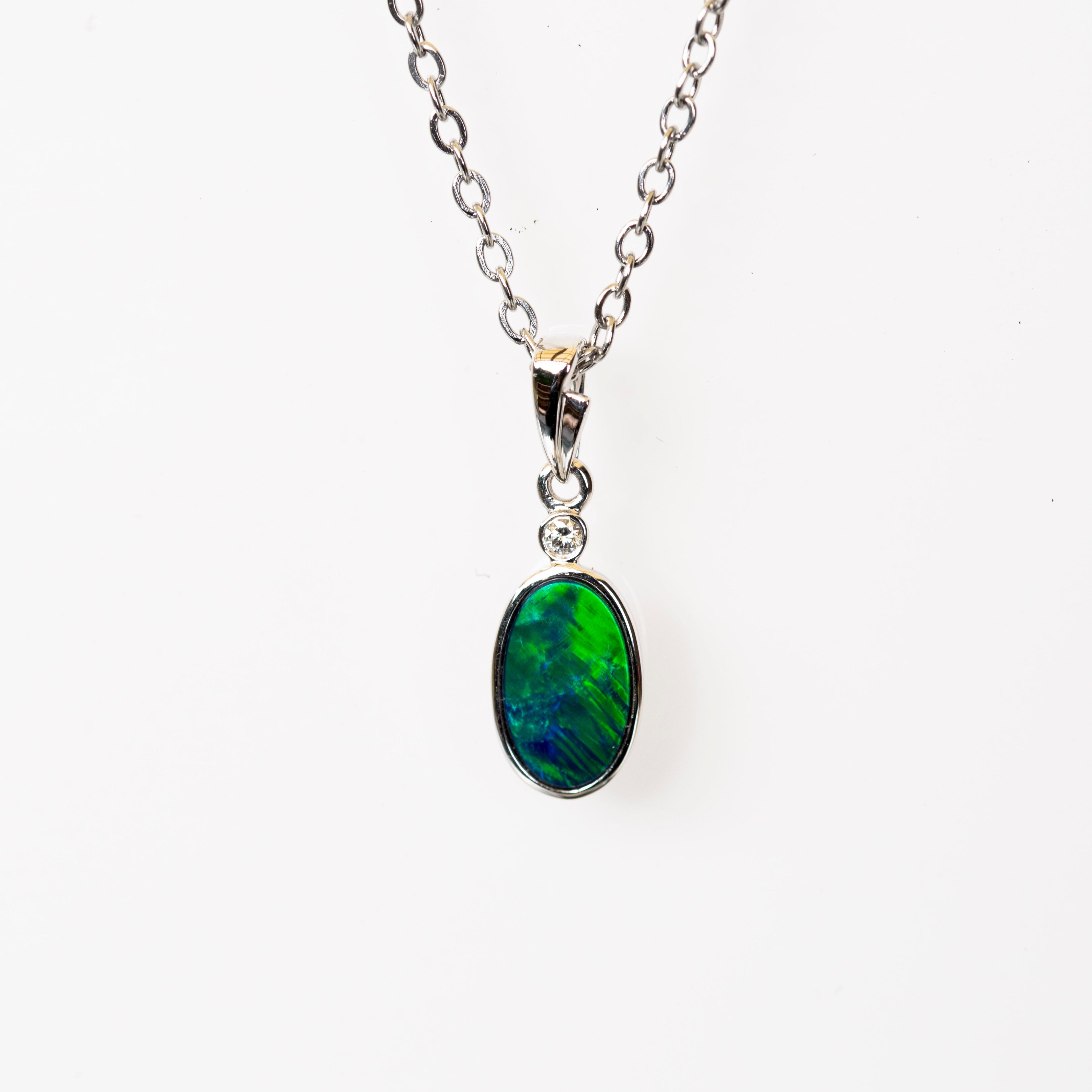 Vibrant Australian Opal in 14K Solid White Gold - Multi Color Fire Opal Necklace - Genuine Australian Doublet Opal Gem Stone Pendant