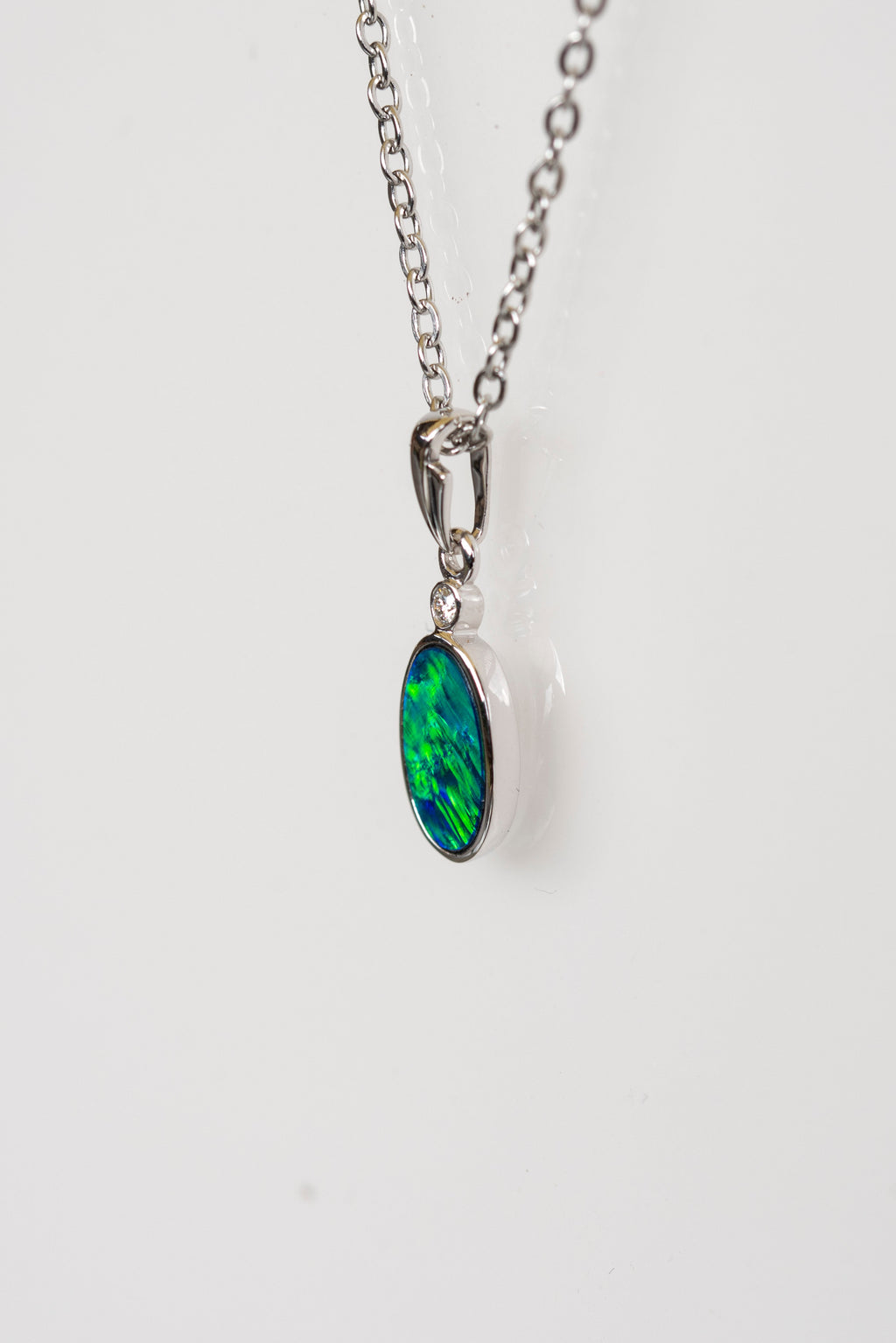 Vibrant Australian Opal in 14K Solid White Gold - Multi Color Fire Opal Necklace - Genuine Australian Doublet Opal Gem Stone Pendant