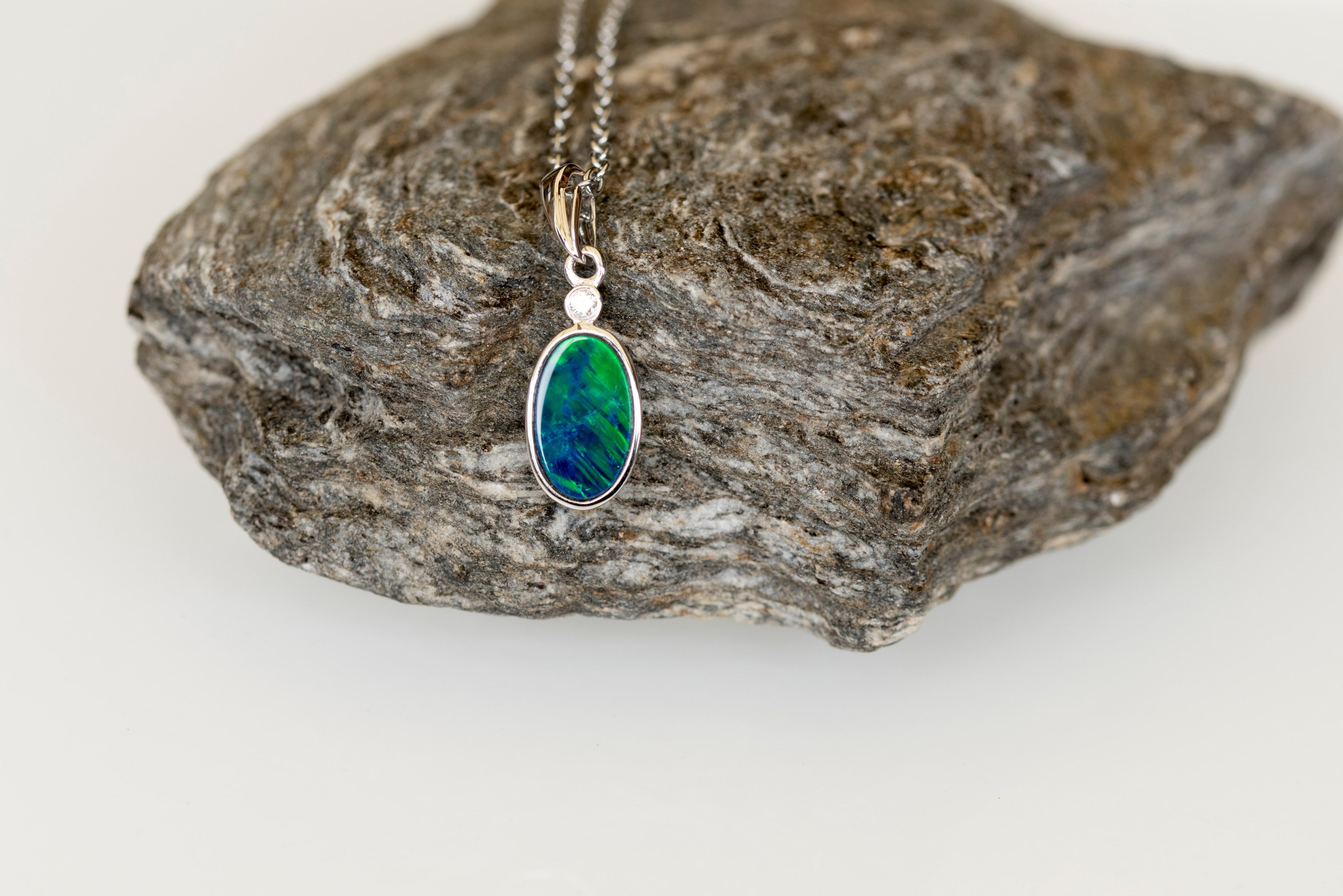 Vibrant Australian Opal in 14K Solid White Gold - Multi Color Fire Opal Necklace - Genuine Australian Doublet Opal Gem Stone Pendant