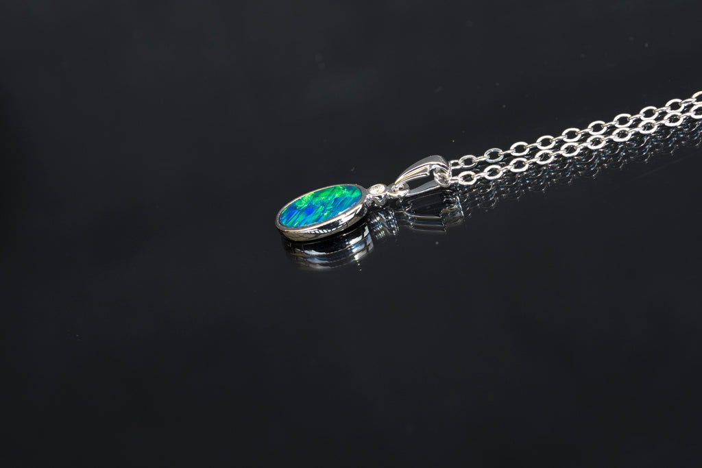 Vibrant Australian Opal in 14K Solid White Gold - Multi Color Fire Opal Necklace - Genuine Australian Doublet Opal Gem Stone Pendant
