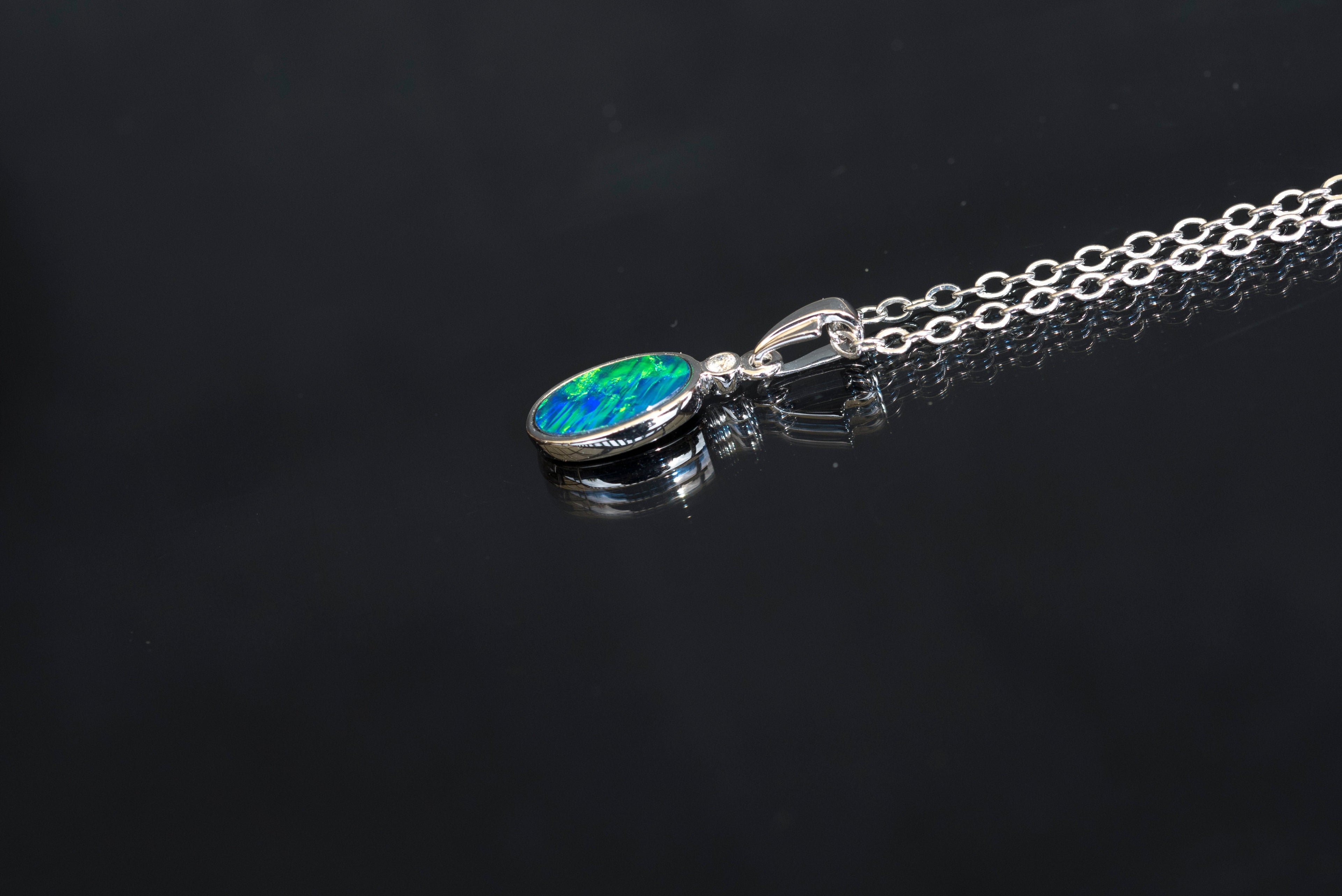 Vibrant Australian Opal in 14K Solid White Gold - Multi Color Fire Opal Necklace - Genuine Australian Doublet Opal Gem Stone Pendant