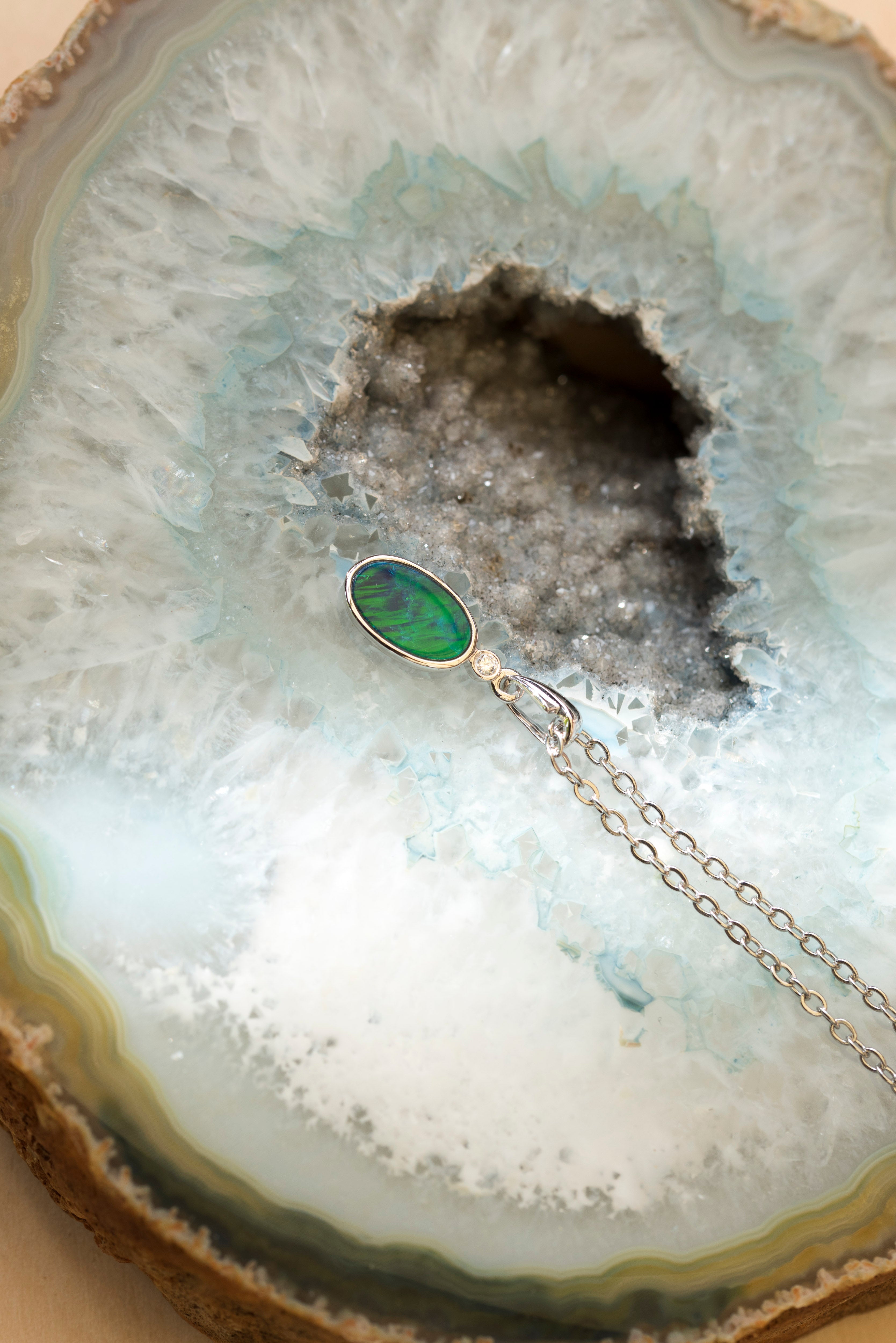 Vibrant Australian Opal in 14K Solid White Gold - Multi Color Fire Opal Necklace - Genuine Australian Doublet Opal Gem Stone Pendant