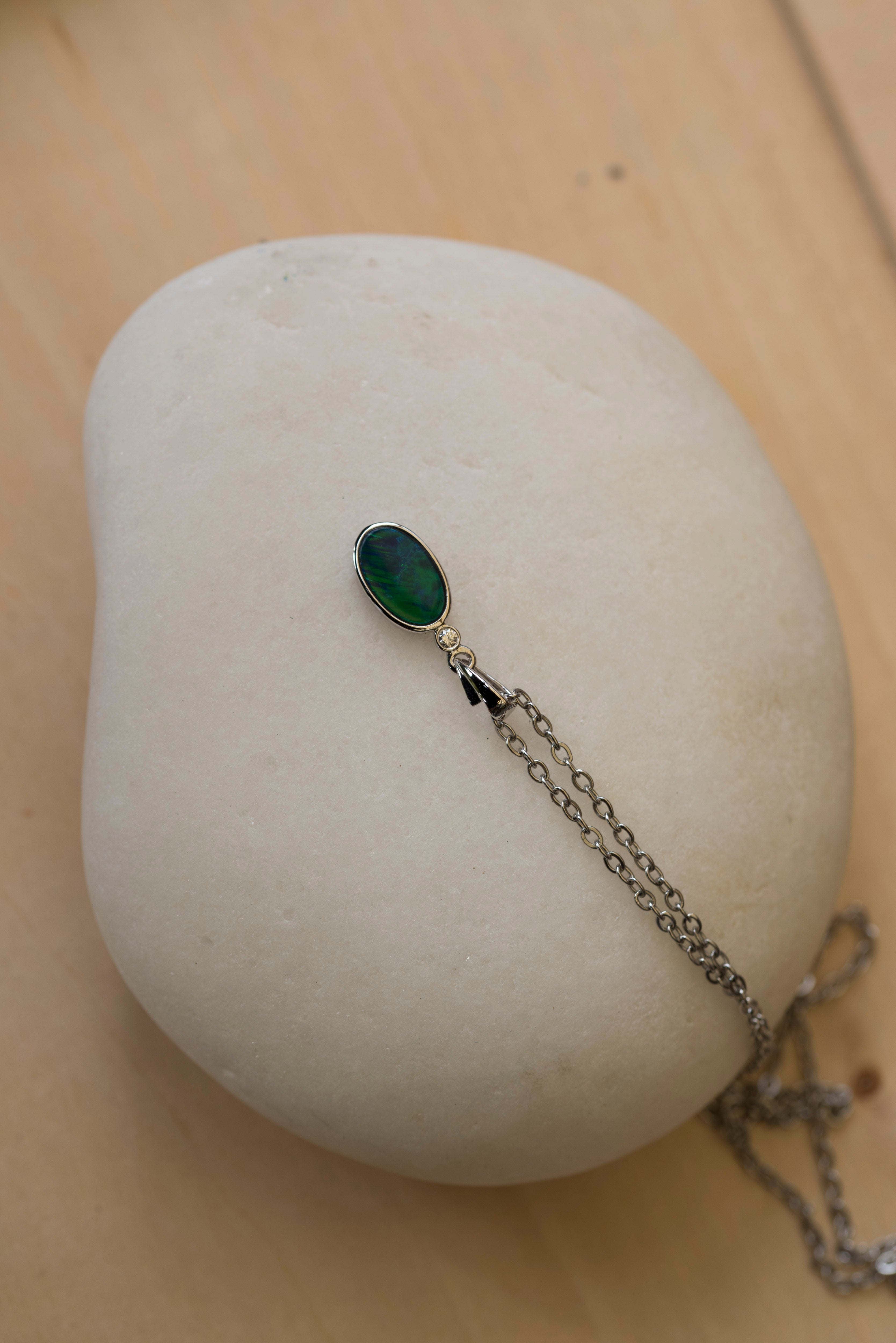 Vibrant Australian Opal in 14K Solid White Gold - Multi Color Fire Opal Necklace - Genuine Australian Doublet Opal Gem Stone Pendant