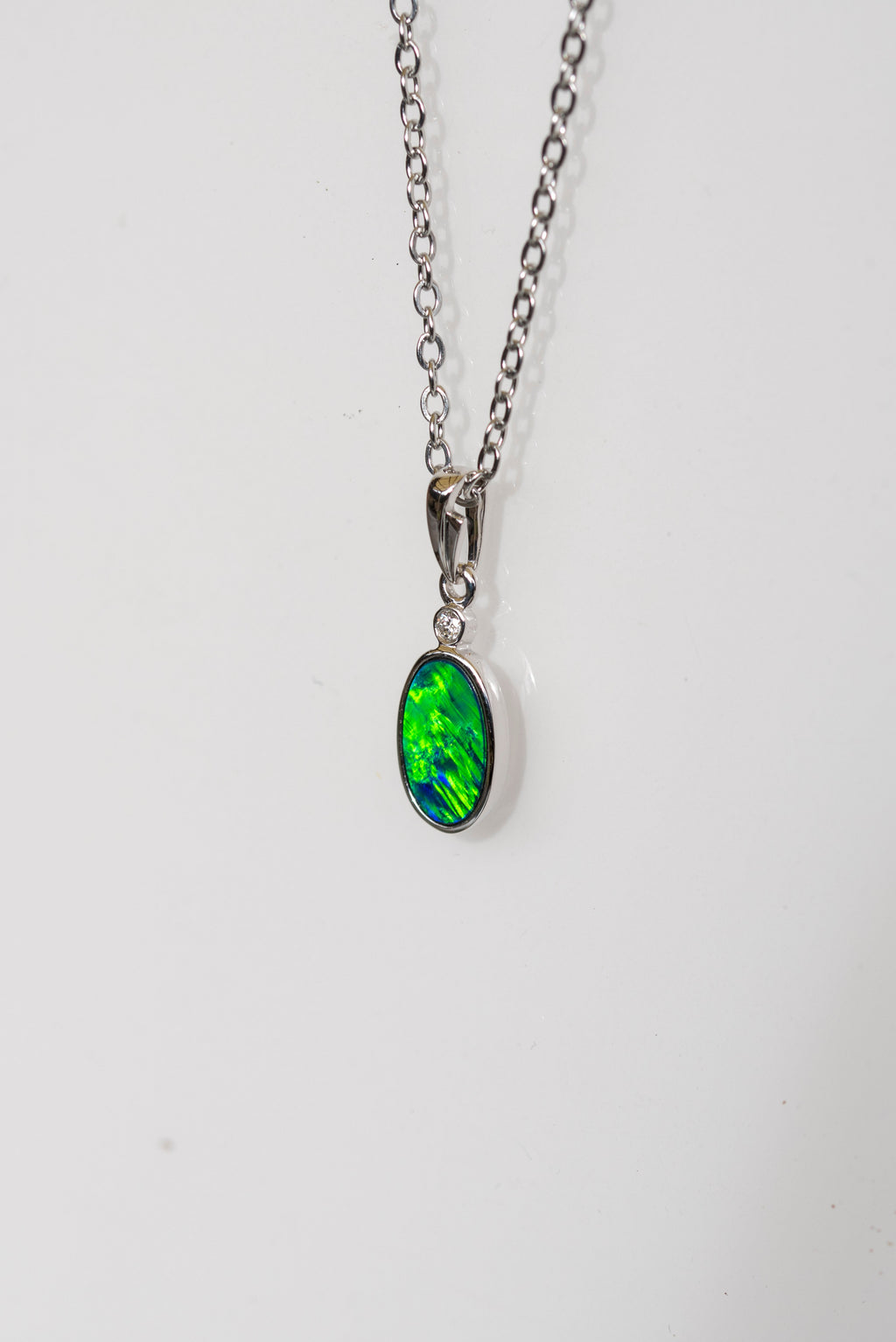 Vibrant Australian Opal in 14K Solid White Gold - Multi Color Fire Opal Necklace - Genuine Australian Doublet Opal Gem Stone Pendant