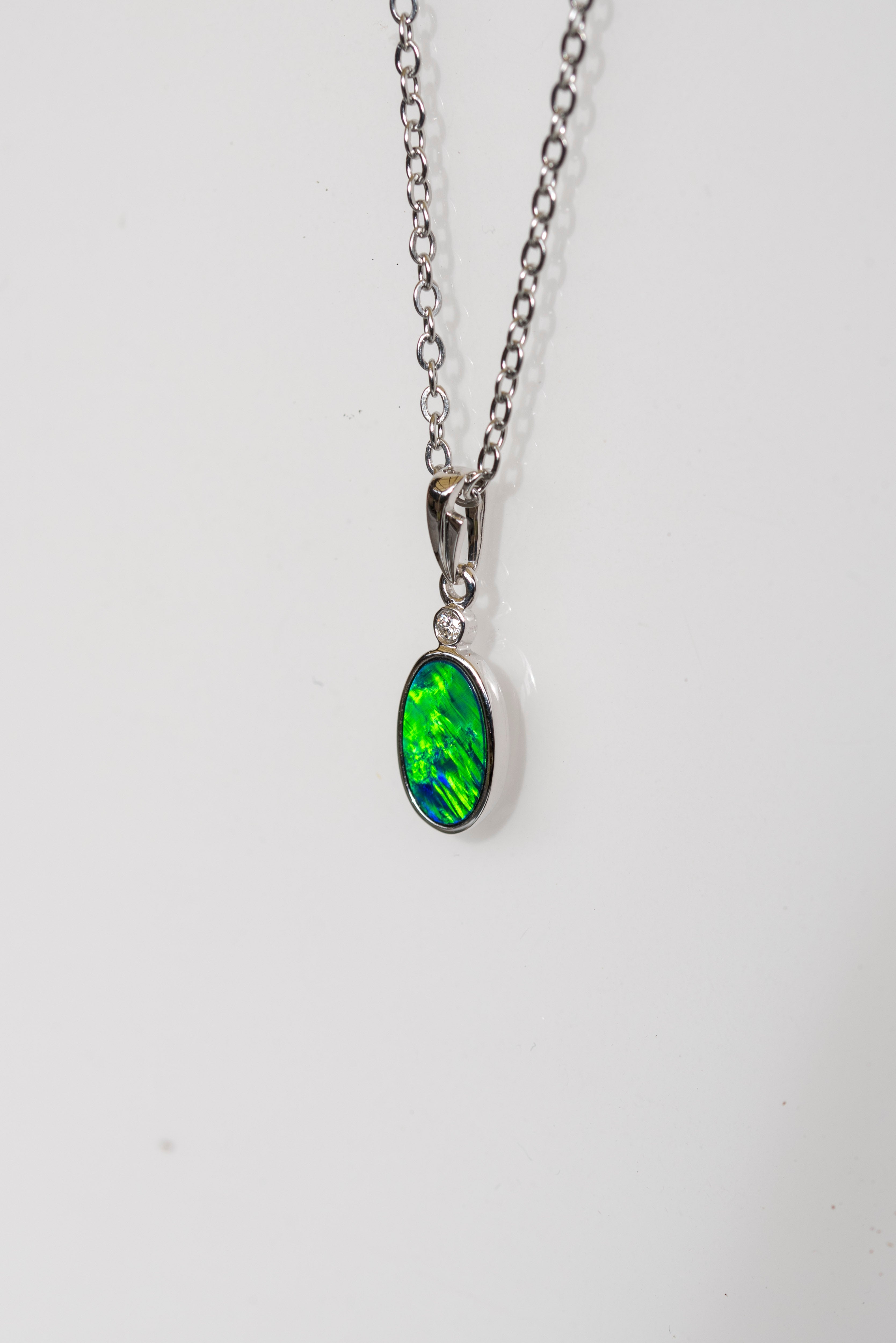 Vibrant Australian Opal in 14K Solid White Gold - Multi Color Fire Opal Necklace - Genuine Australian Doublet Opal Gem Stone Pendant