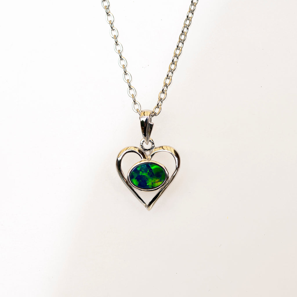 Australian Opal in 14K Solid White Gold - Colorful Opal Necklace - Genuine Australian Doublet Opal Gem Stone Pendant
