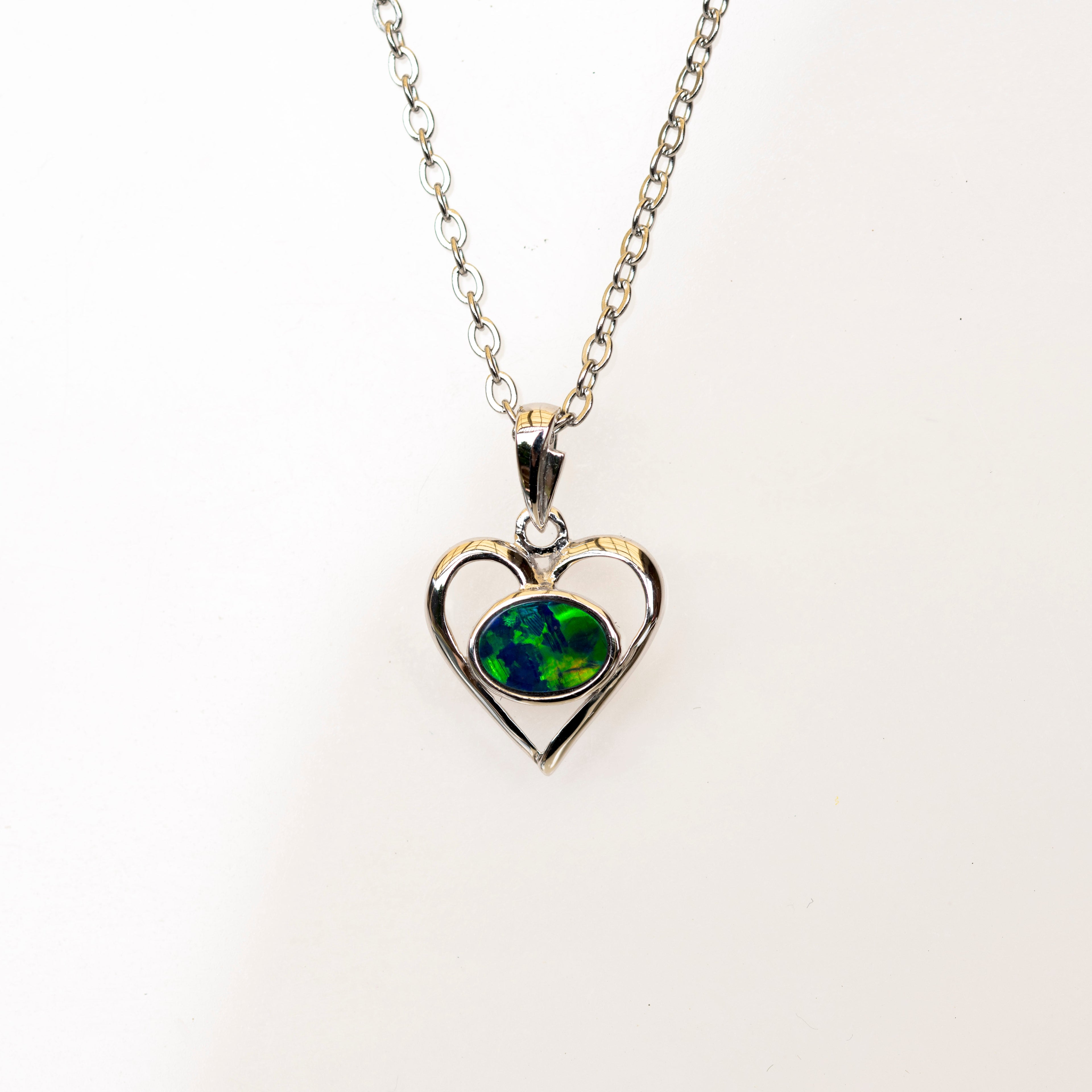 Australian Opal in 14K Solid White Gold - Colorful Opal Necklace - Genuine Australian Doublet Opal Gem Stone Pendant