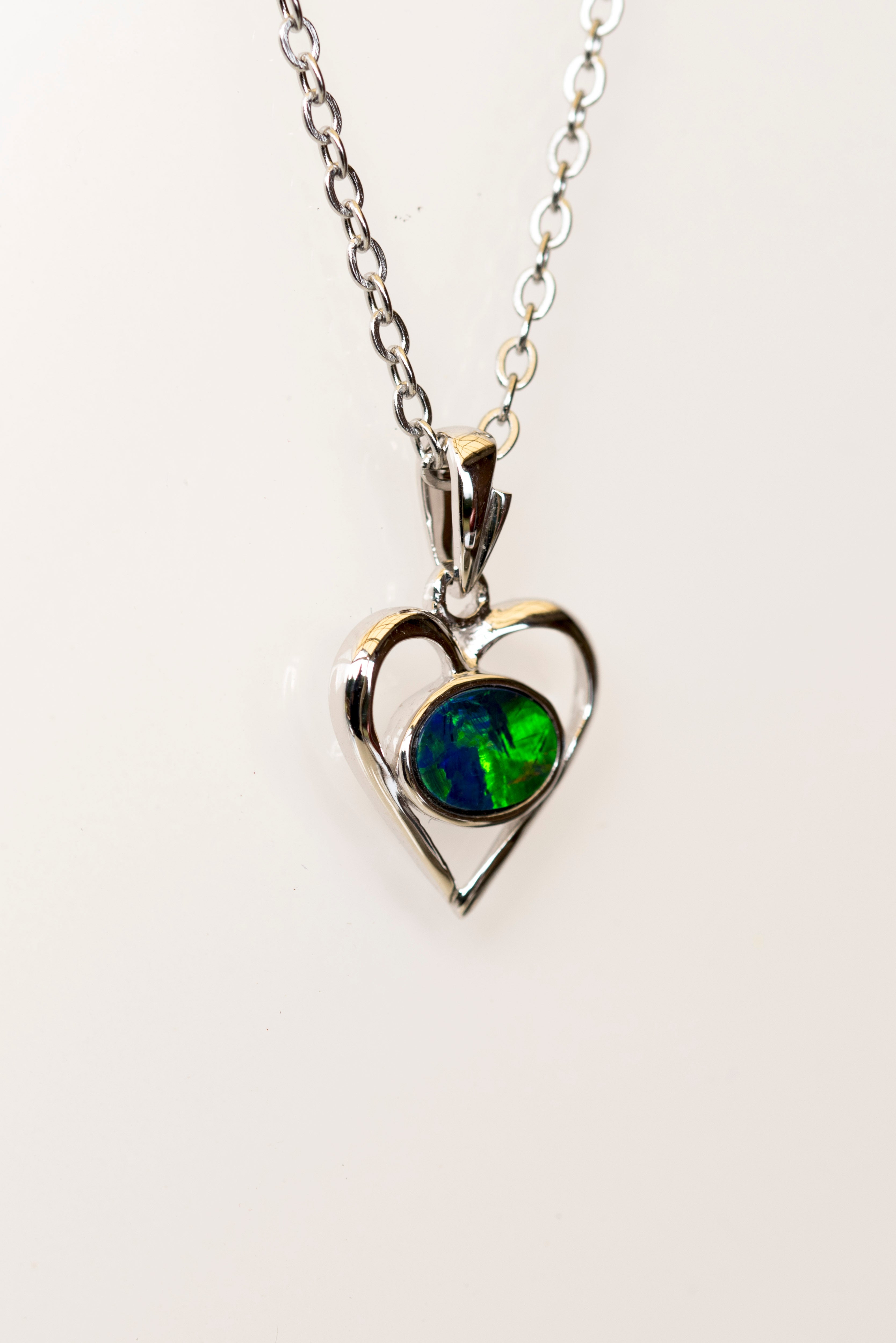 Australian Opal in 14K Solid White Gold - Colorful Opal Necklace - Genuine Australian Doublet Opal Gem Stone Pendant