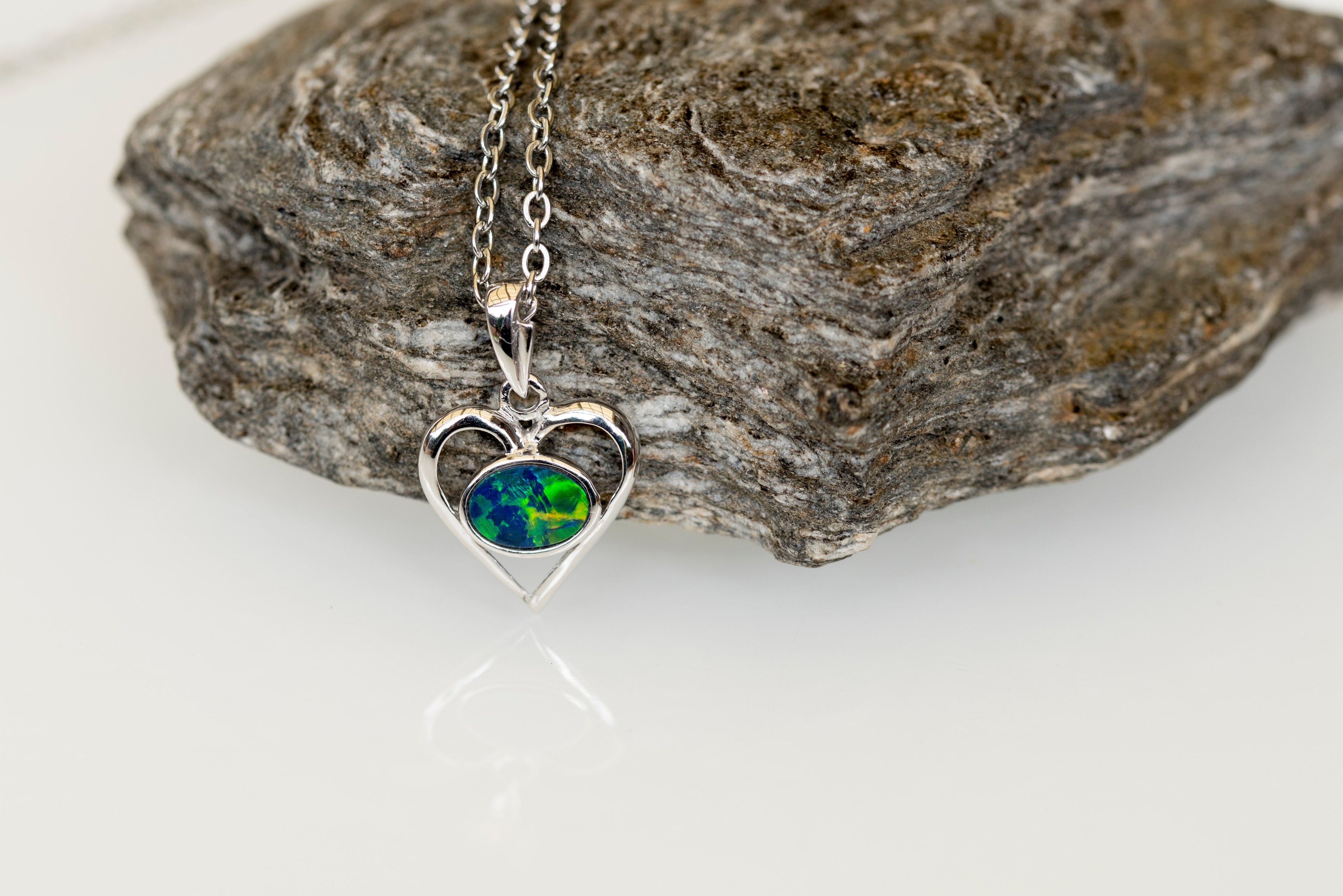 Australian Opal in 14K Solid White Gold - Colorful Opal Necklace - Genuine Australian Doublet Opal Gem Stone Pendant