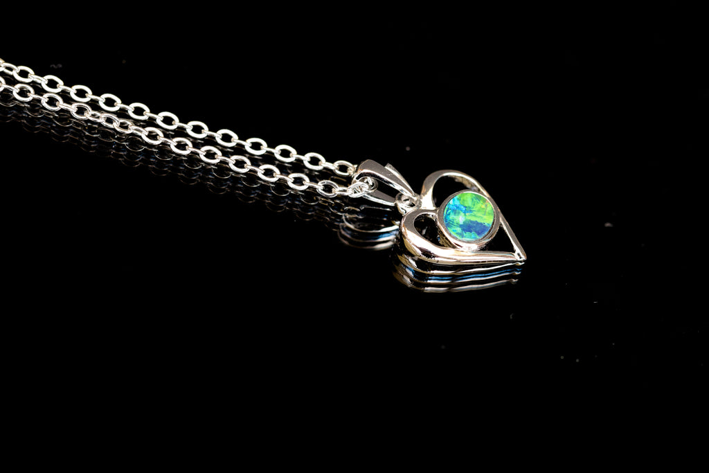 Australian Opal in 14K Solid White Gold - Colorful Opal Necklace - Genuine Australian Doublet Opal Gem Stone Pendant