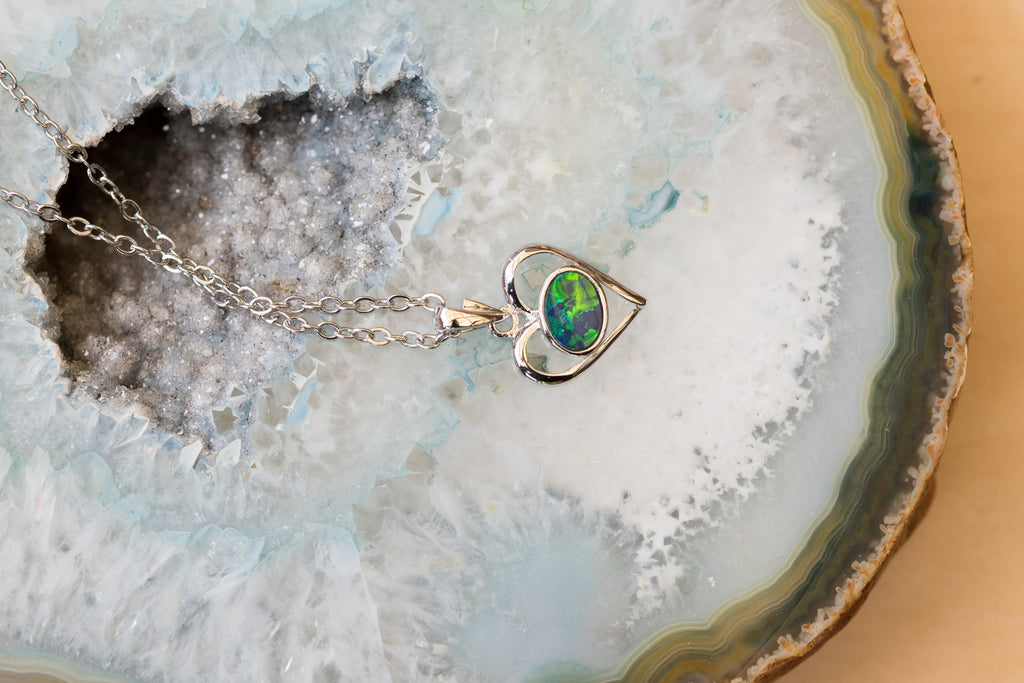 Australian Opal in 14K Solid White Gold - Colorful Opal Necklace - Genuine Australian Doublet Opal Gem Stone Pendant