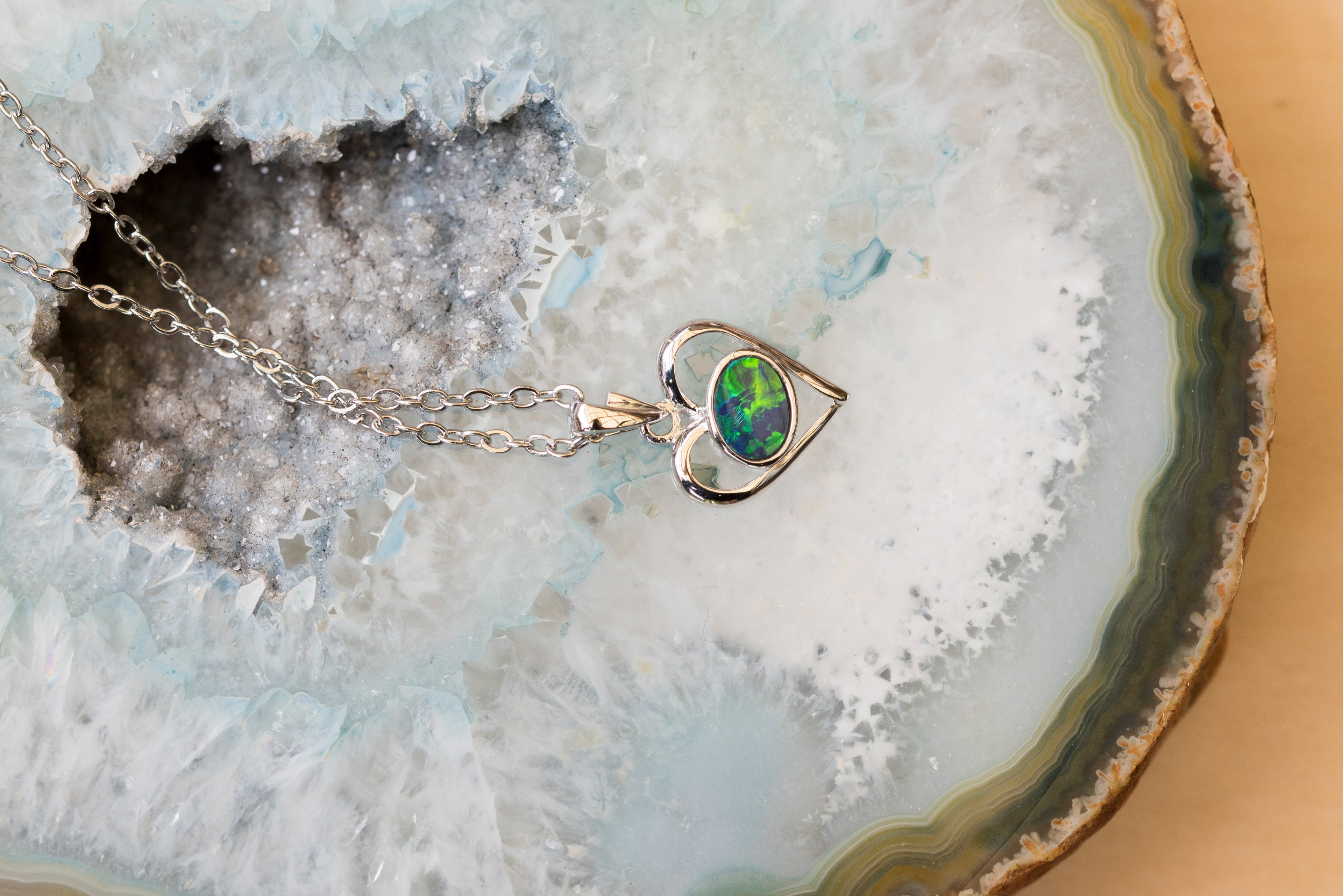 Australian Opal in 14K Solid White Gold - Colorful Opal Necklace - Genuine Australian Doublet Opal Gem Stone Pendant