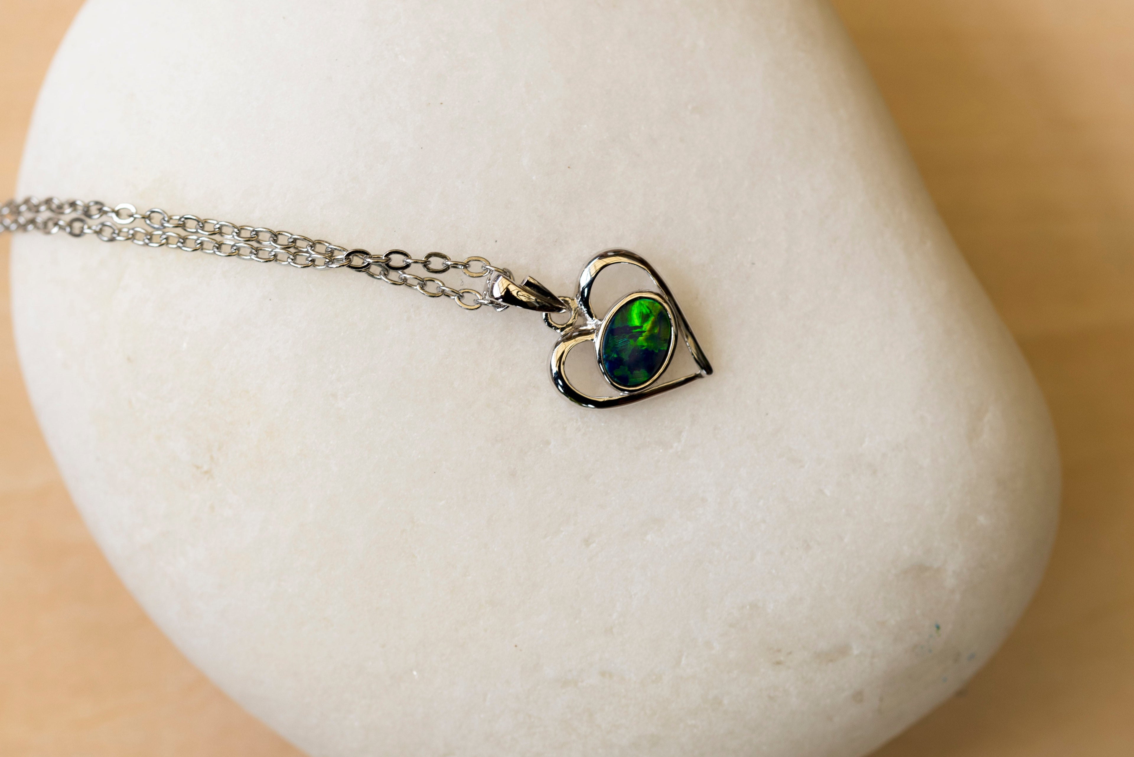 Australian Opal in 14K Solid White Gold - Colorful Opal Necklace - Genuine Australian Doublet Opal Gem Stone Pendant