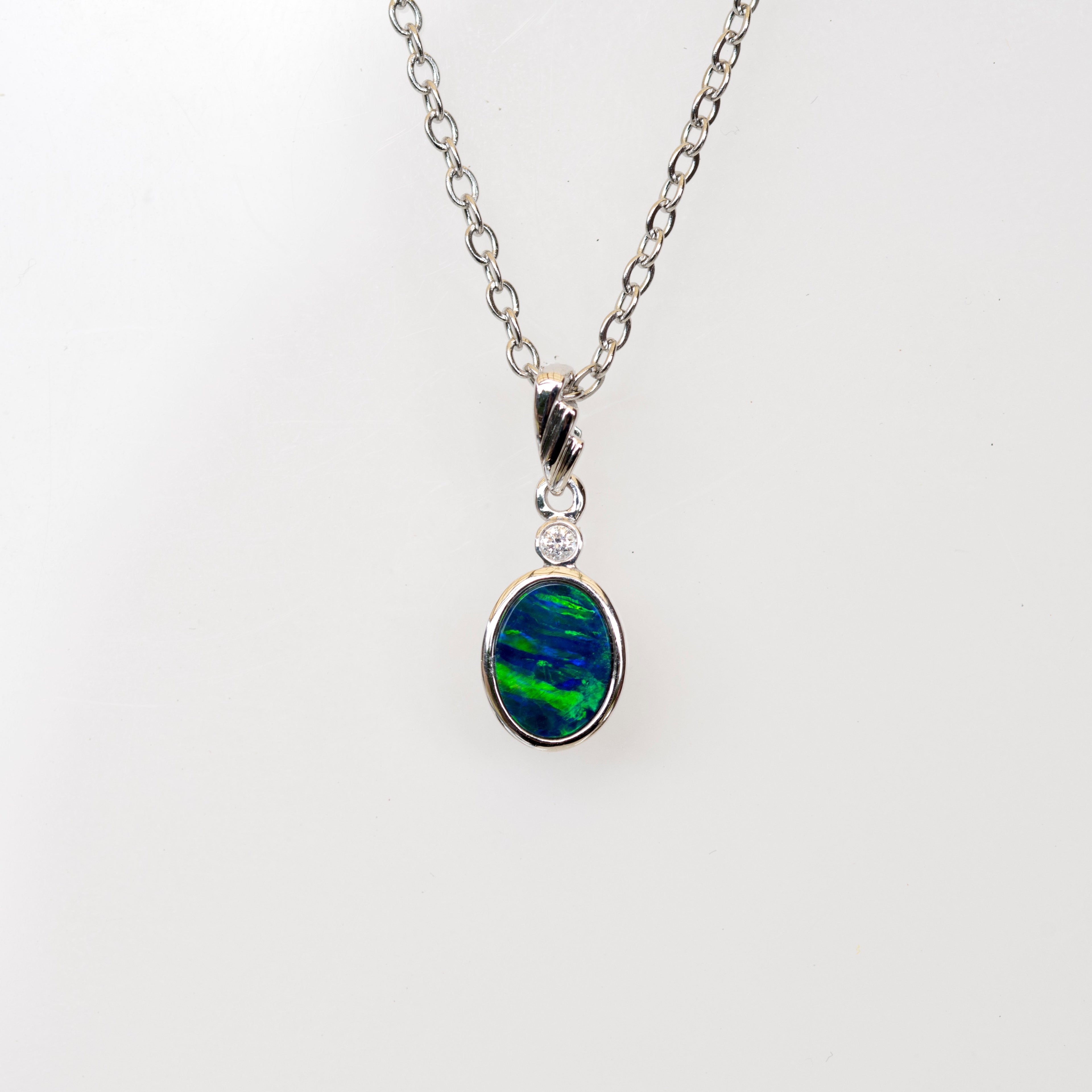 Australian Opal in 14K Solid White Gold - Natural Multi Color Fire Opal Necklace - Genuine Australian Doublet Opal Gem Stone Pendant