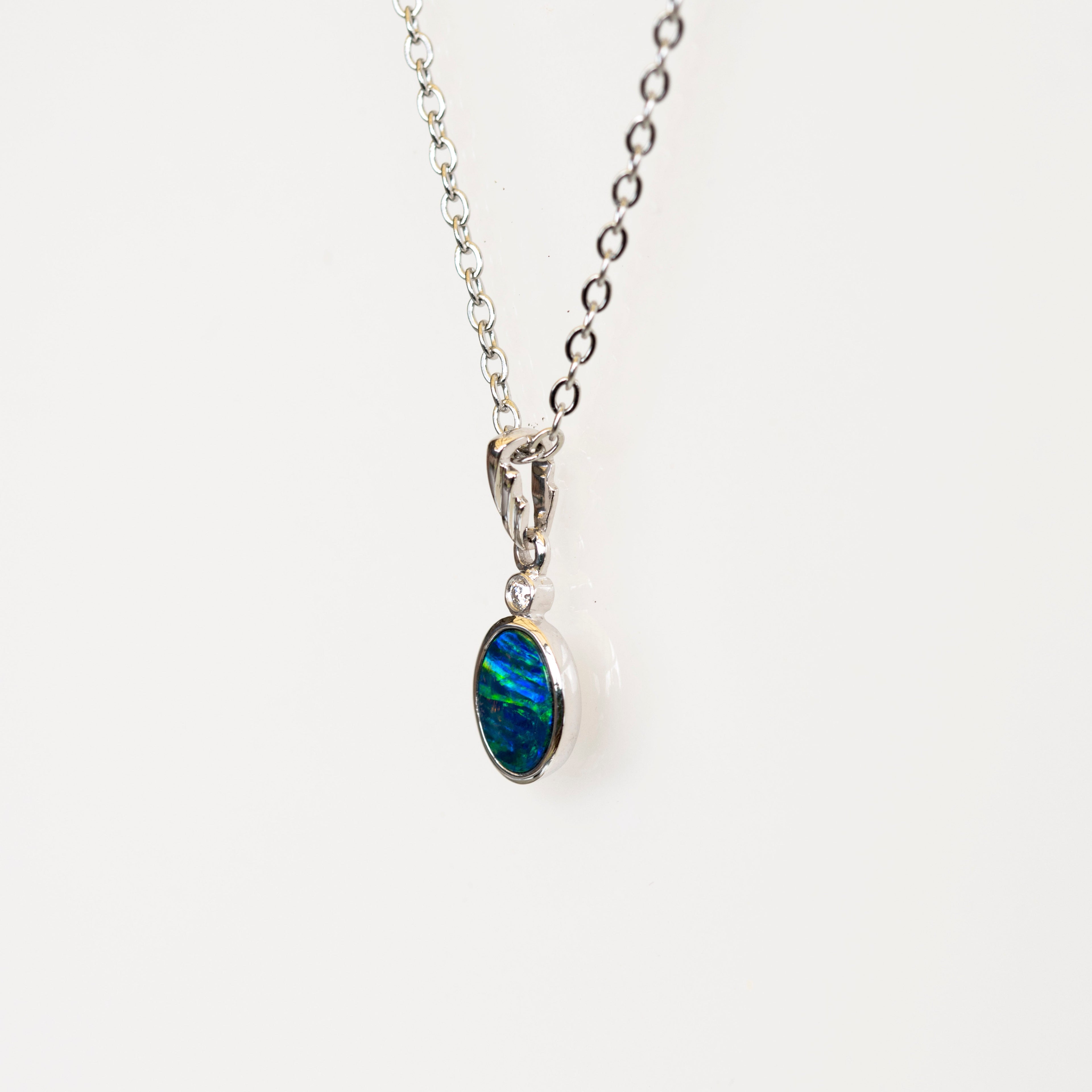 Australian Opal in 14K Solid White Gold - Natural Multi Color Fire Opal Necklace - Genuine Australian Doublet Opal Gem Stone Pendant