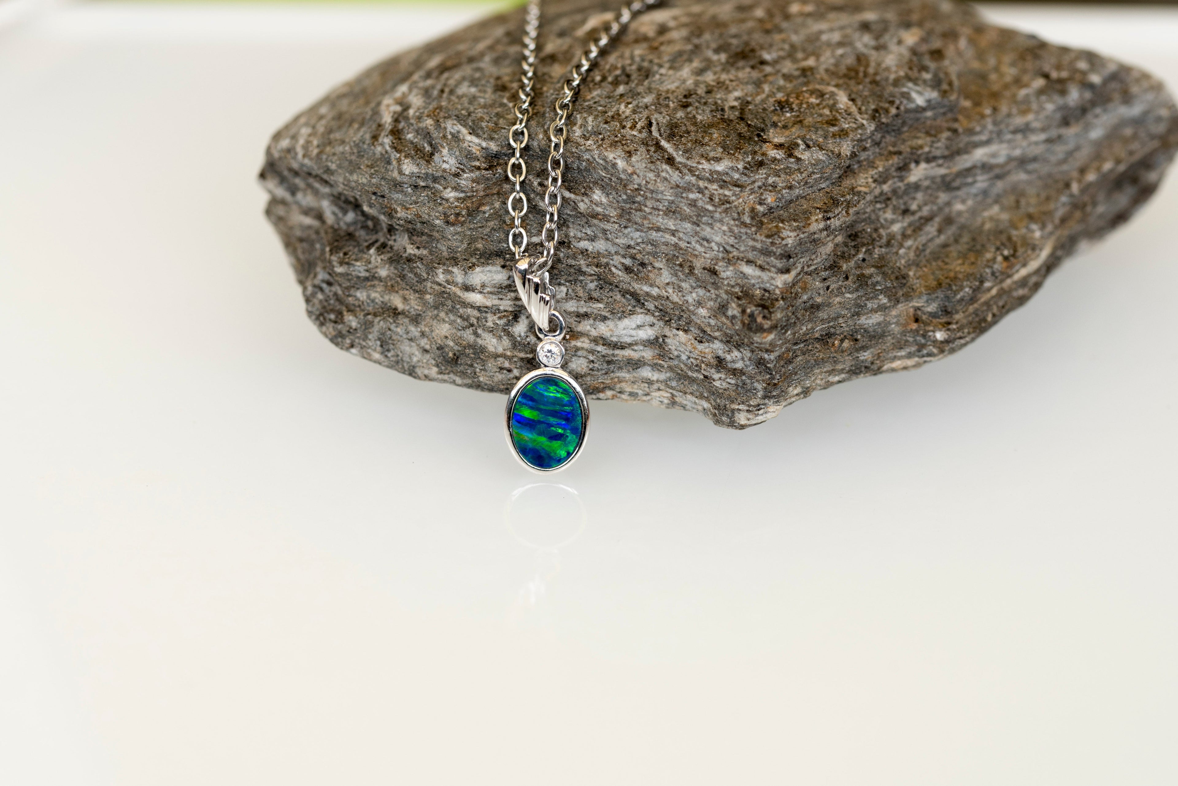 Australian Opal in 14K Solid White Gold - Natural Multi Color Fire Opal Necklace - Genuine Australian Doublet Opal Gem Stone Pendant