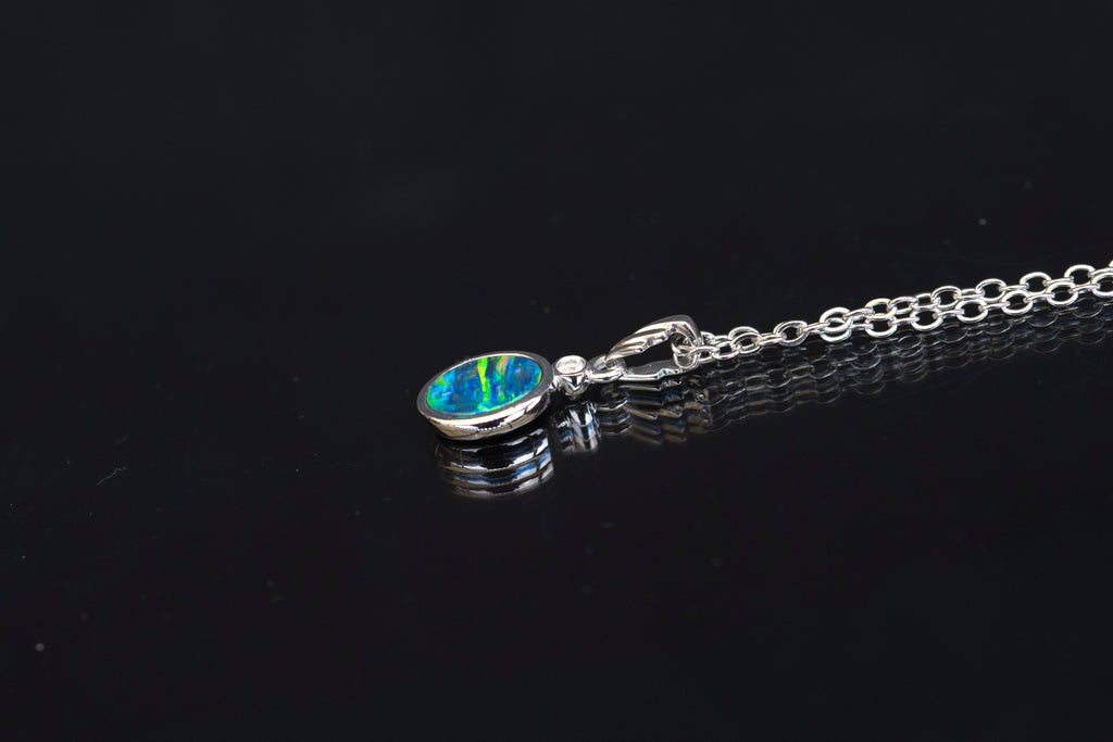 Australian Opal in 14K Solid White Gold - Natural Multi Color Fire Opal Necklace - Genuine Australian Doublet Opal Gem Stone Pendant