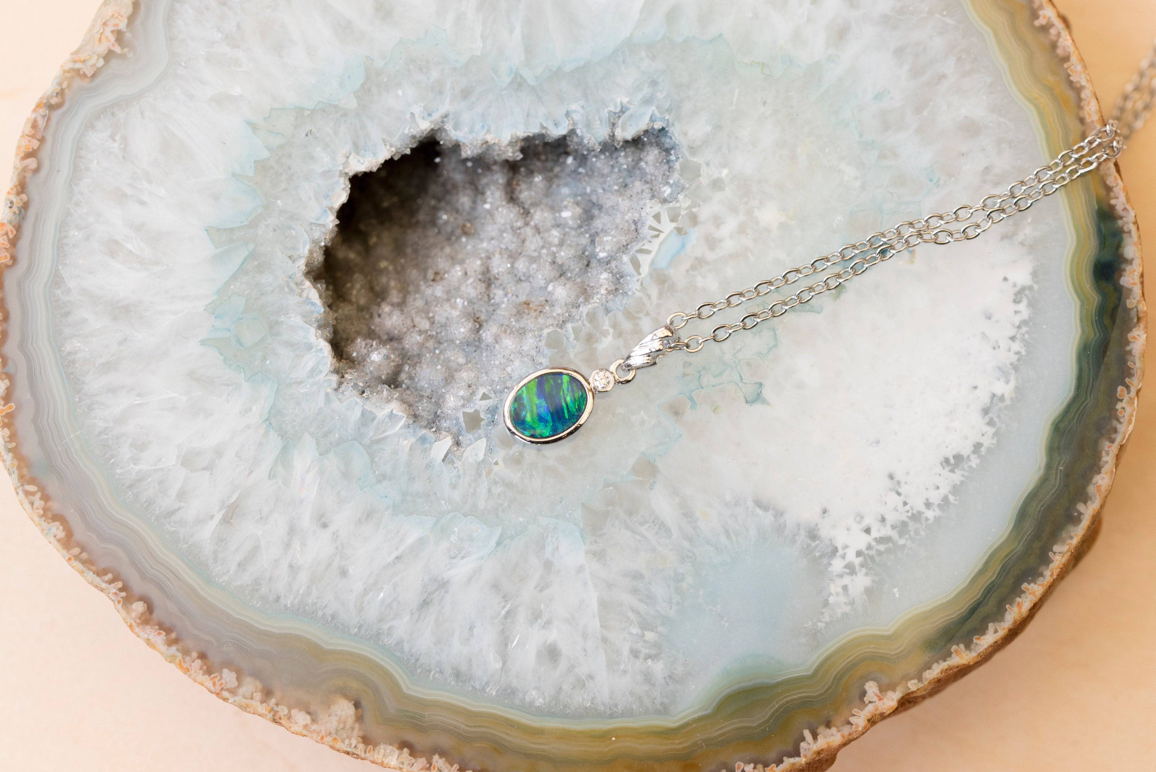 Australian Opal in 14K Solid White Gold - Natural Multi Color Fire Opal Necklace - Genuine Australian Doublet Opal Gem Stone Pendant