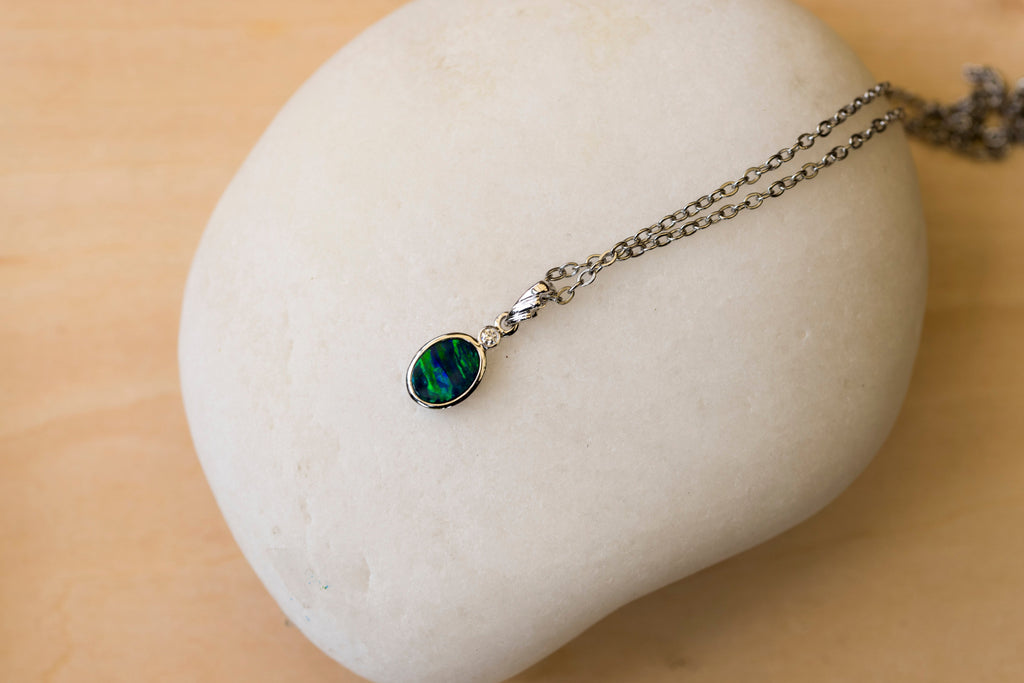 Australian Opal in 14K Solid White Gold - Natural Multi Color Fire Opal Necklace - Genuine Australian Doublet Opal Gem Stone Pendant