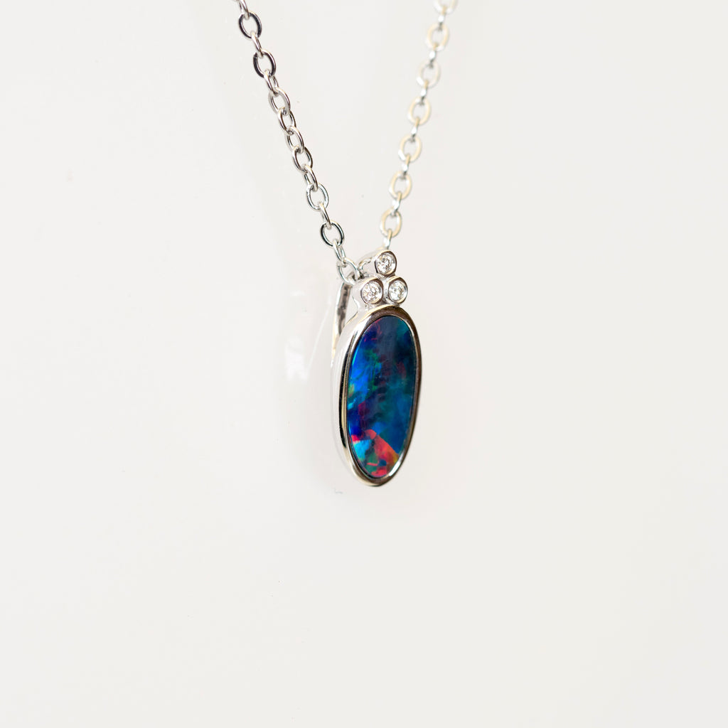 Australian Opal in 14K Solid White Gold - Multi Color Fire Opal Necklace -  Genuine Australian Doublet Opal Gem Stone Pendant
