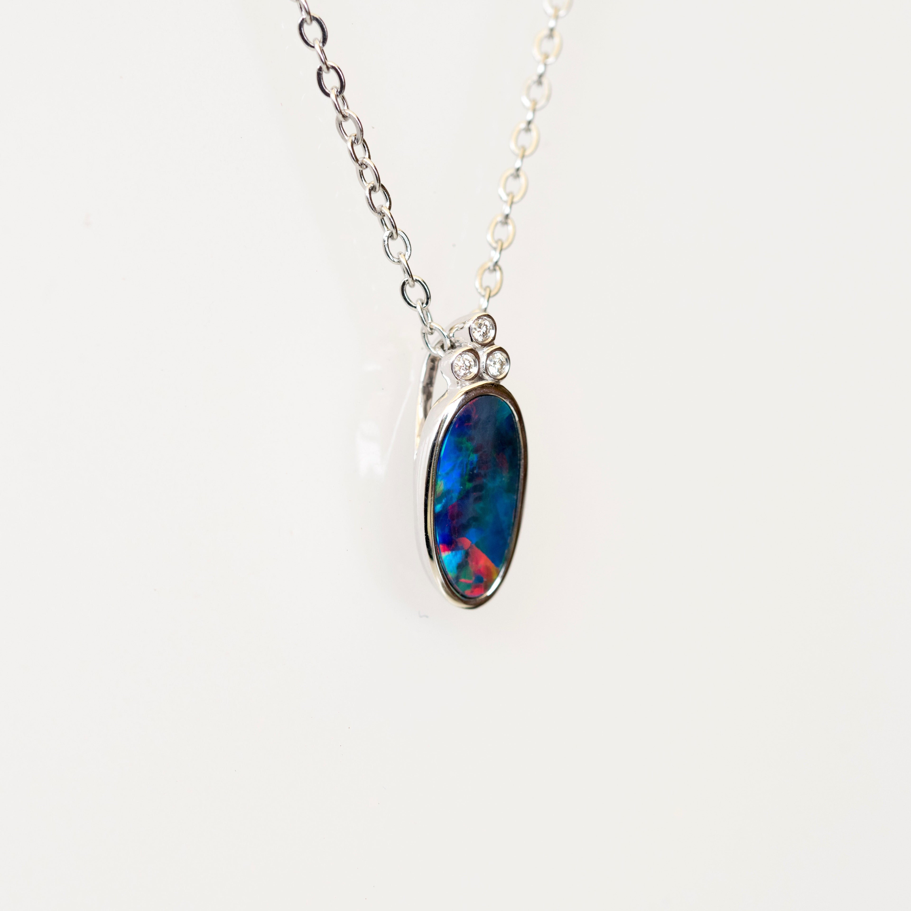 Australian Opal in 14K Solid White Gold - Multi Color Fire Opal Necklace -  Genuine Australian Doublet Opal Gem Stone Pendant
