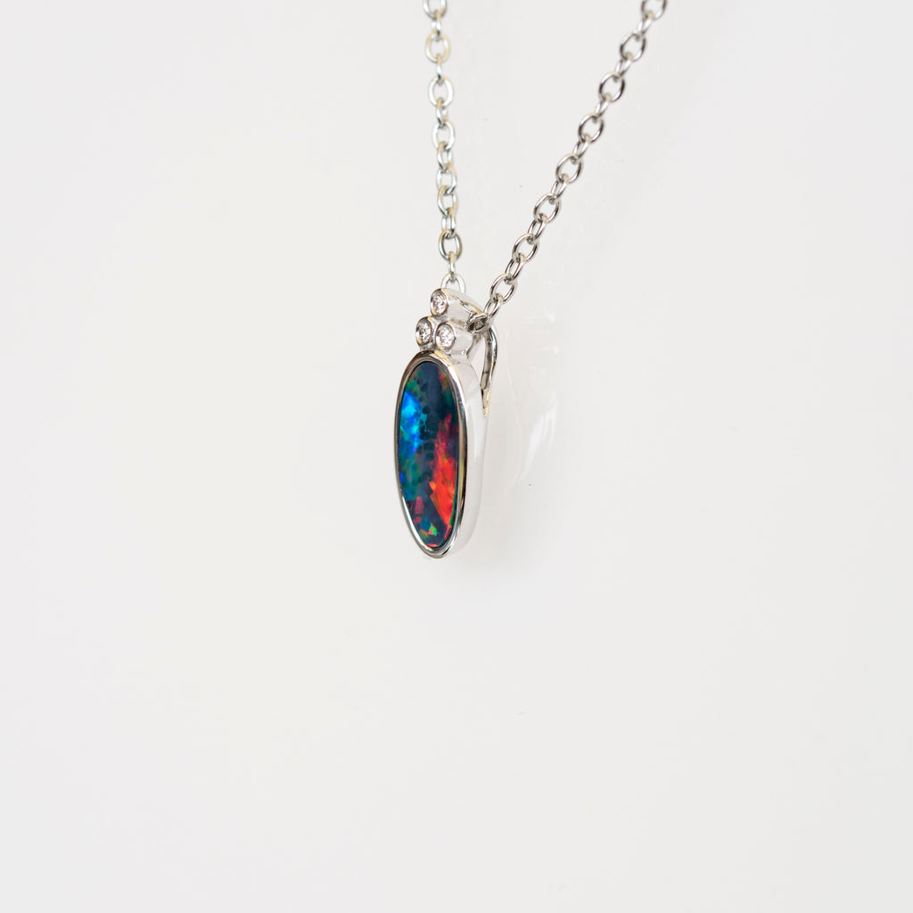 Australian Opal in 14K Solid White Gold - Multi Color Fire Opal Necklace -  Genuine Australian Doublet Opal Gem Stone Pendant