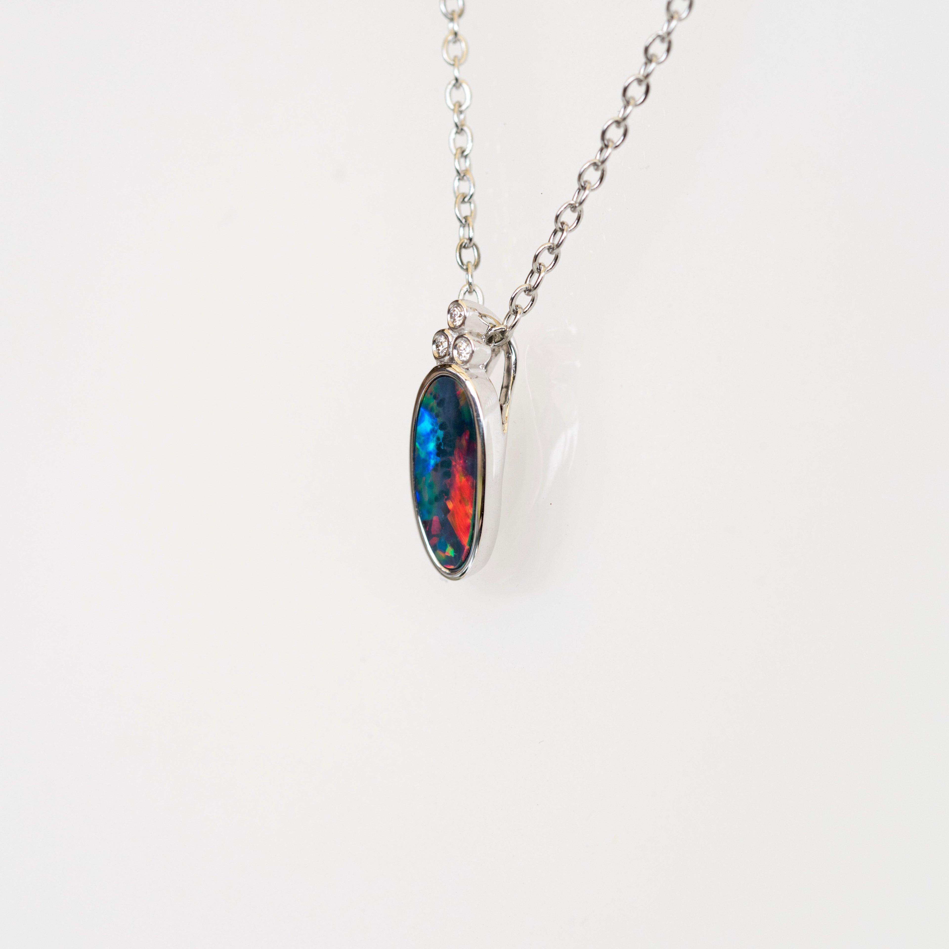 Australian Opal in 14K Solid White Gold - Multi Color Fire Opal Necklace -  Genuine Australian Doublet Opal Gem Stone Pendant