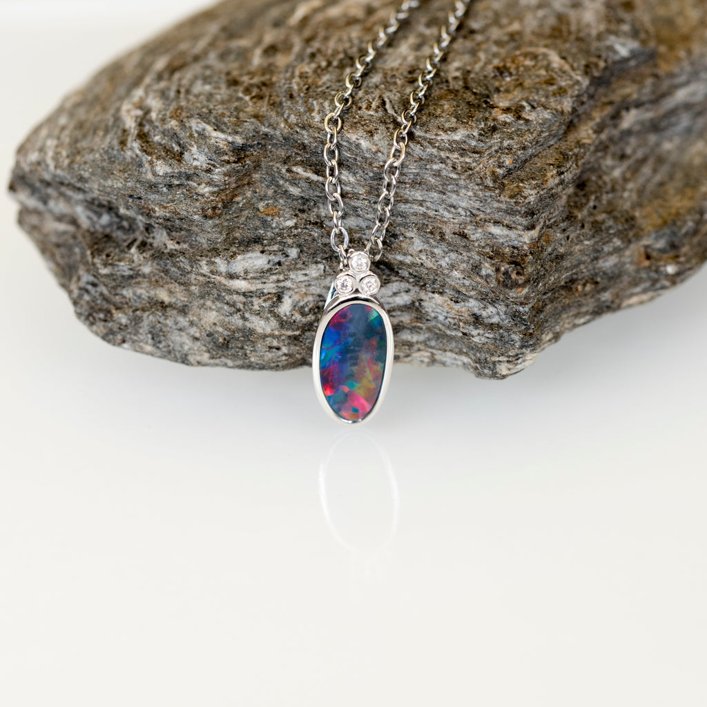 Australian Opal in 14K Solid White Gold - Multi Color Fire Opal Necklace -  Genuine Australian Doublet Opal Gem Stone Pendant