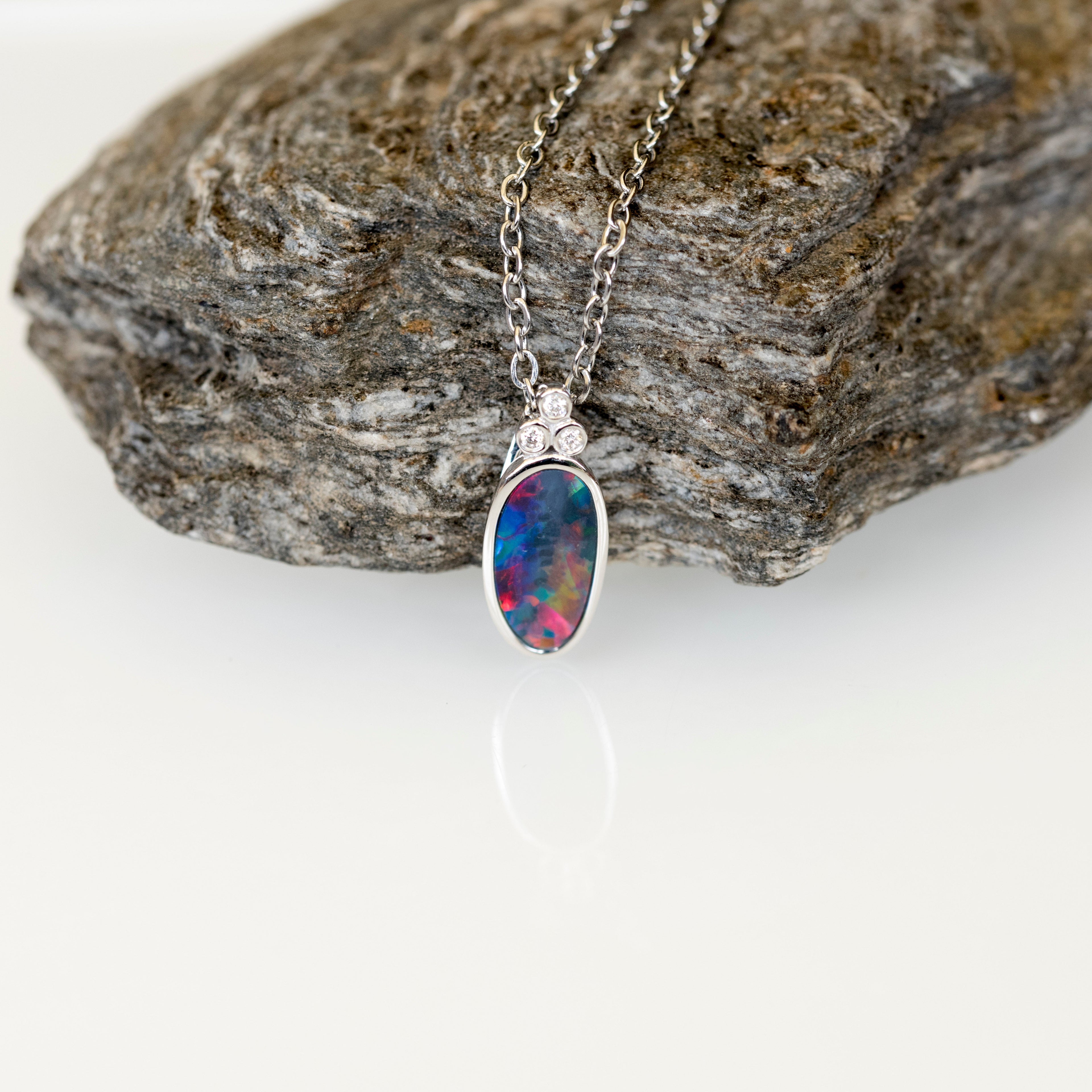 Australian Opal in 14K Solid White Gold - Multi Color Fire Opal Necklace -  Genuine Australian Doublet Opal Gem Stone Pendant
