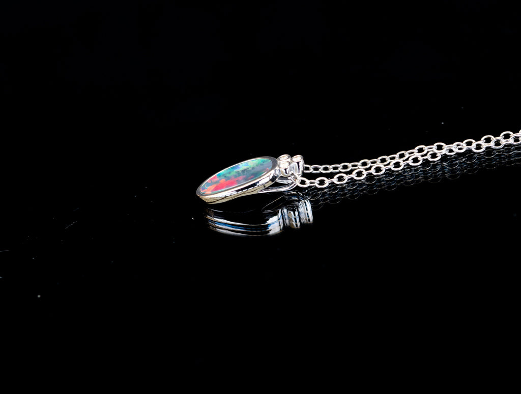 Australian Opal in 14K Solid White Gold - Multi Color Fire Opal Necklace -  Genuine Australian Doublet Opal Gem Stone Pendant