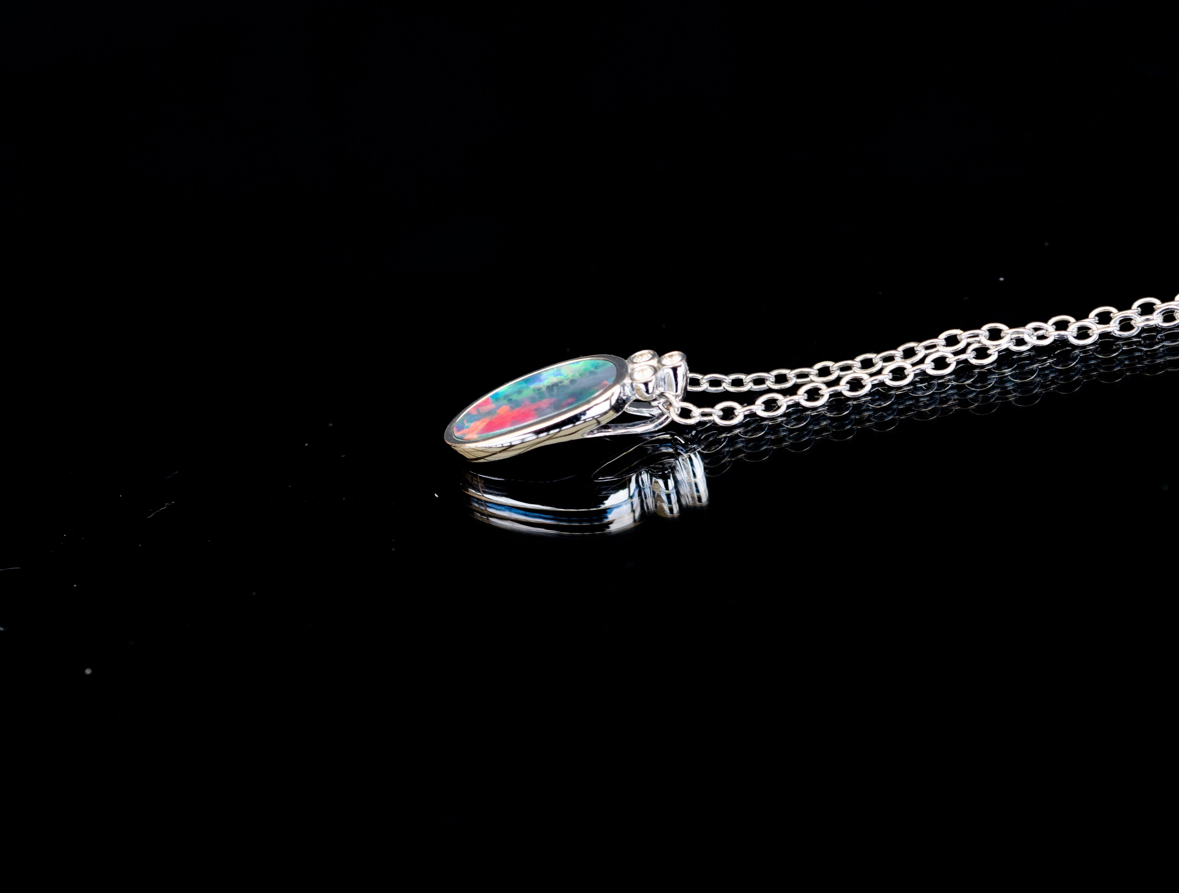 Australian Opal in 14K Solid White Gold - Multi Color Fire Opal Necklace -  Genuine Australian Doublet Opal Gem Stone Pendant