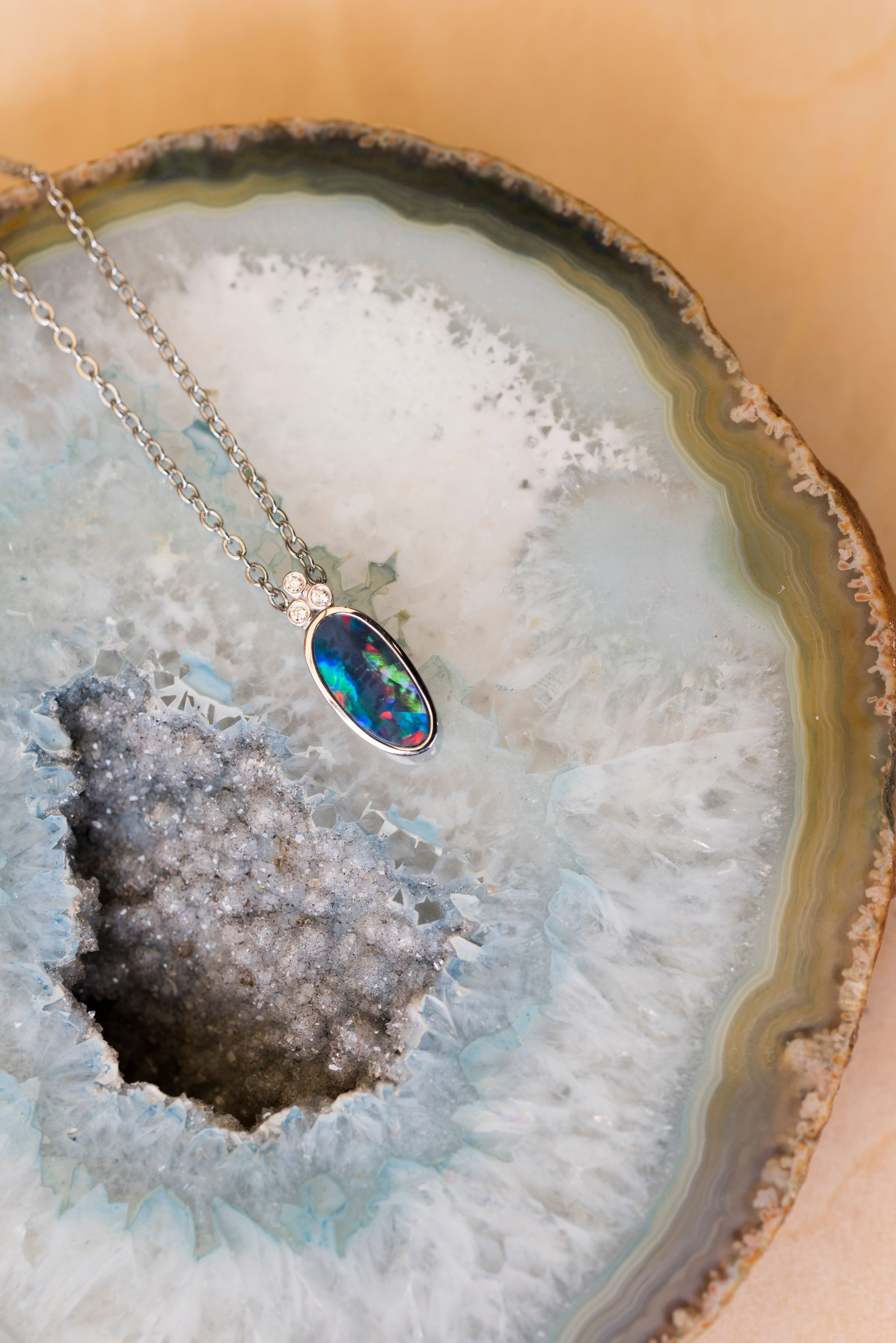 Australian Opal in 14K Solid White Gold - Multi Color Fire Opal Necklace -  Genuine Australian Doublet Opal Gem Stone Pendant