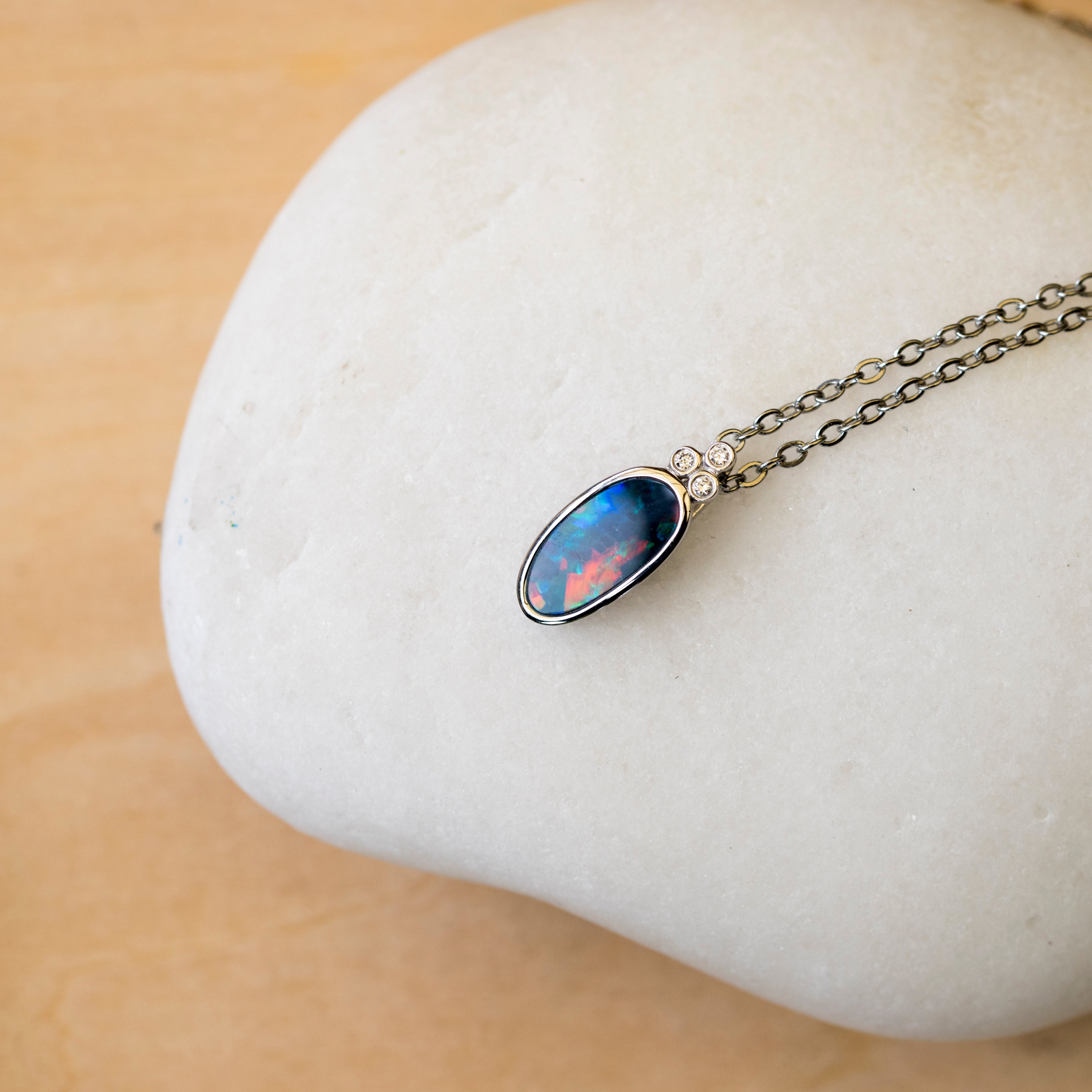 Australian Opal in 14K Solid White Gold - Multi Color Fire Opal Necklace -  Genuine Australian Doublet Opal Gem Stone Pendant