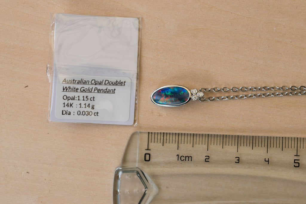 Australian Opal in 14K Solid White Gold - Multi Color Fire Opal Necklace -  Genuine Australian Doublet Opal Gem Stone Pendant