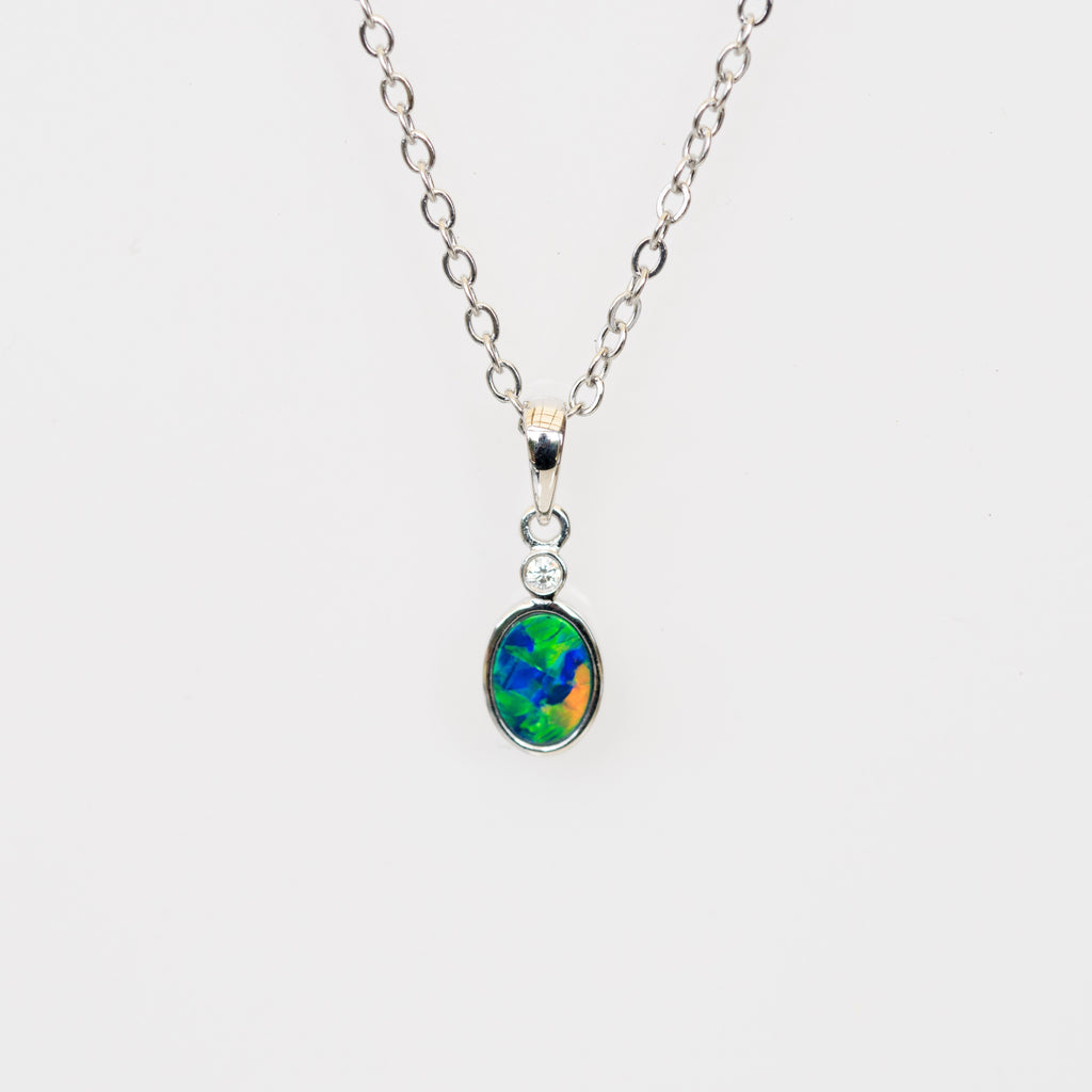 Australian Opal in 14K Solid White Gold - Multi Color Fire Opal Necklace - Natural Genuine Australian Doublet Opal Gem Stone Pendant