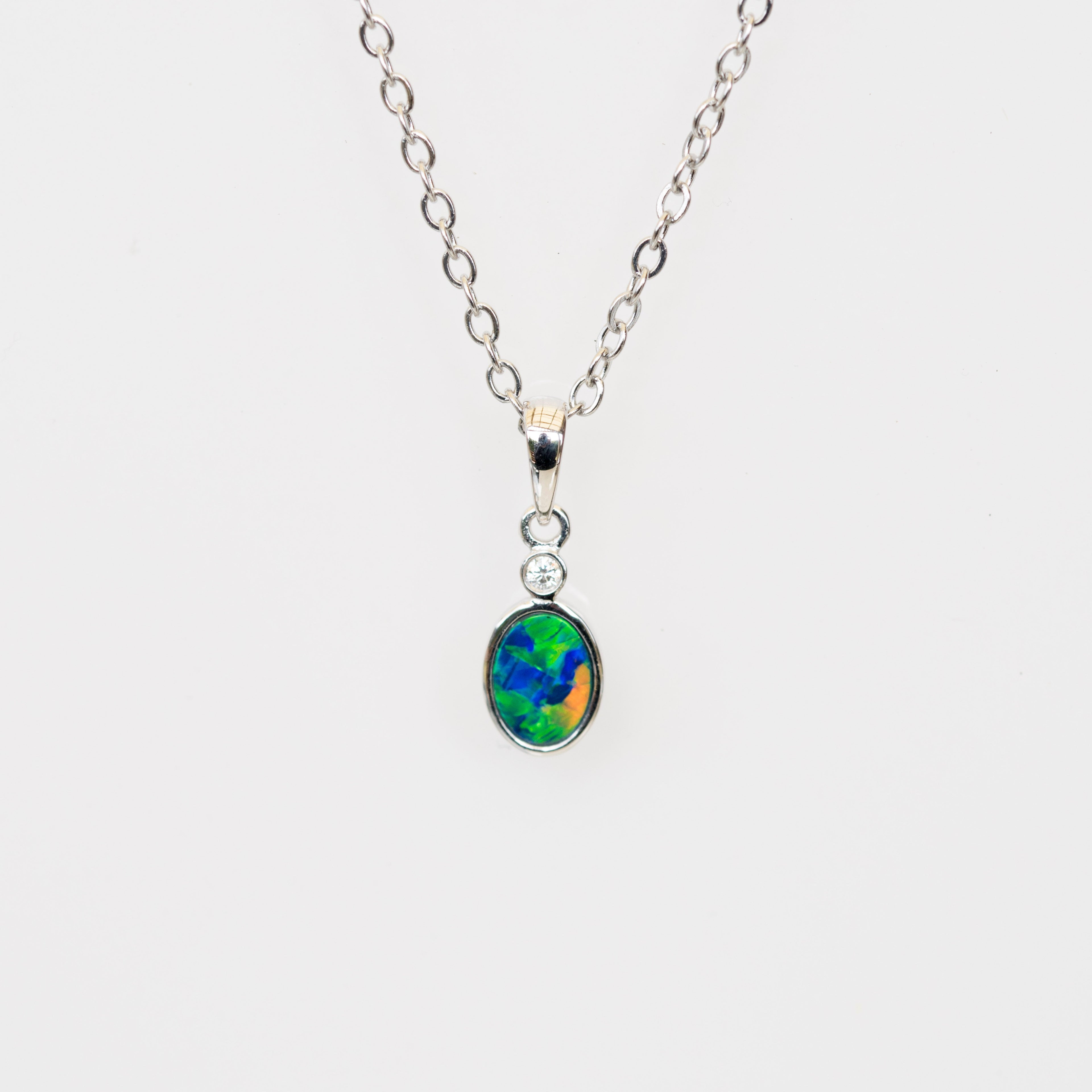 Australian Opal in 14K Solid White Gold - Multi Color Fire Opal Necklace - Natural Genuine Australian Doublet Opal Gem Stone Pendant