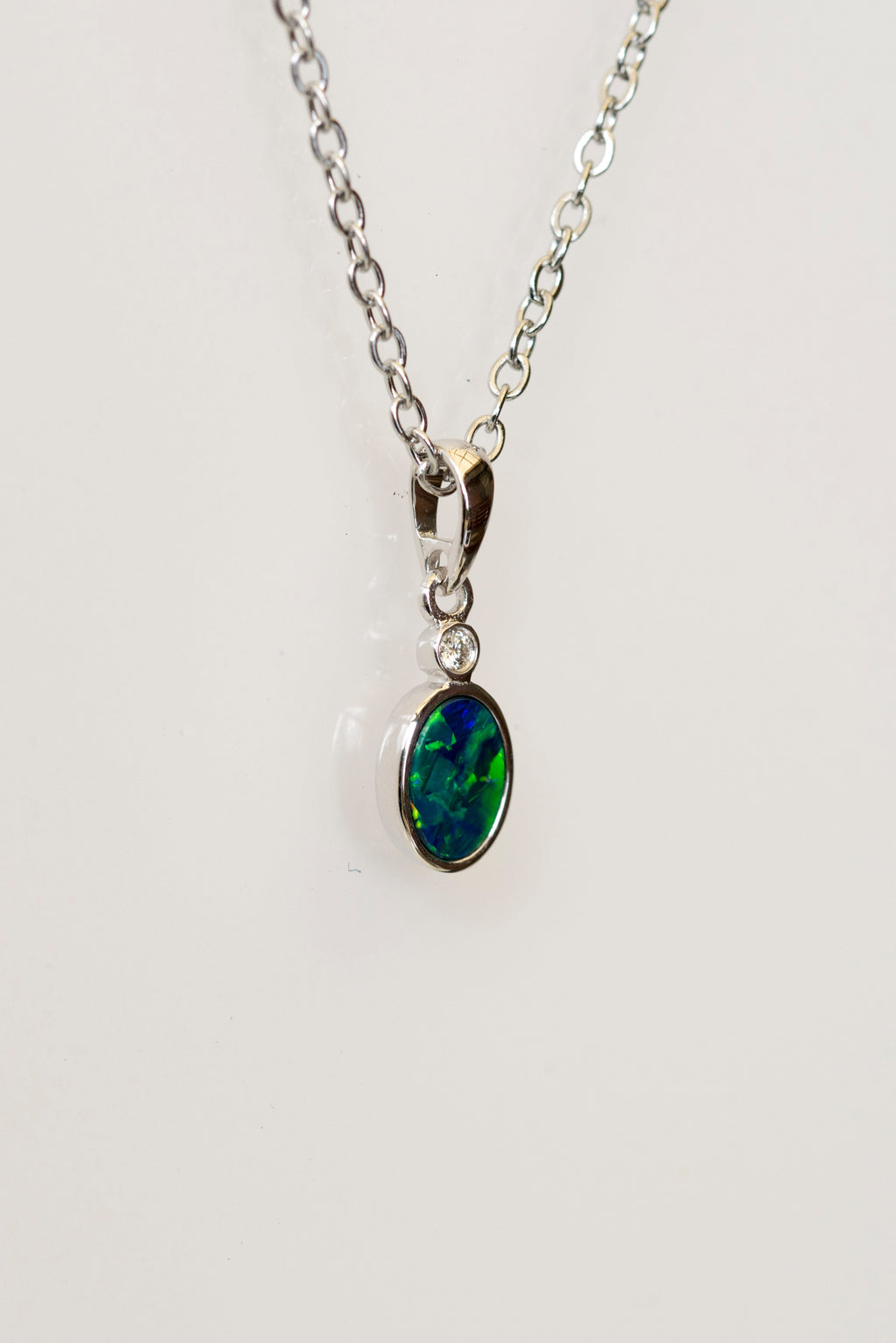 Australian Opal in 14K Solid White Gold - Multi Color Fire Opal Necklace - Natural Genuine Australian Doublet Opal Gem Stone Pendant