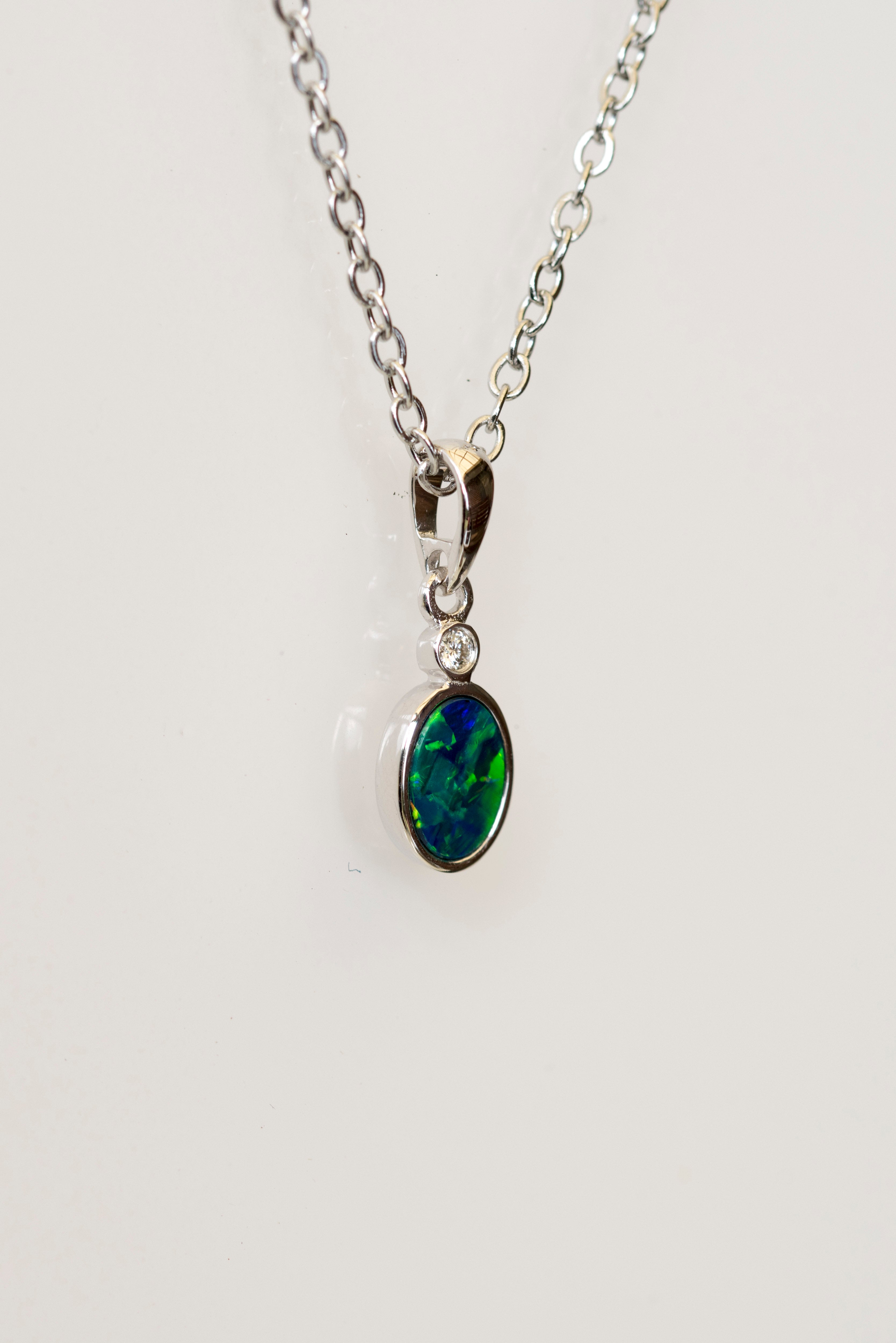 Australian Opal in 14K Solid White Gold - Multi Color Fire Opal Necklace - Natural Genuine Australian Doublet Opal Gem Stone Pendant